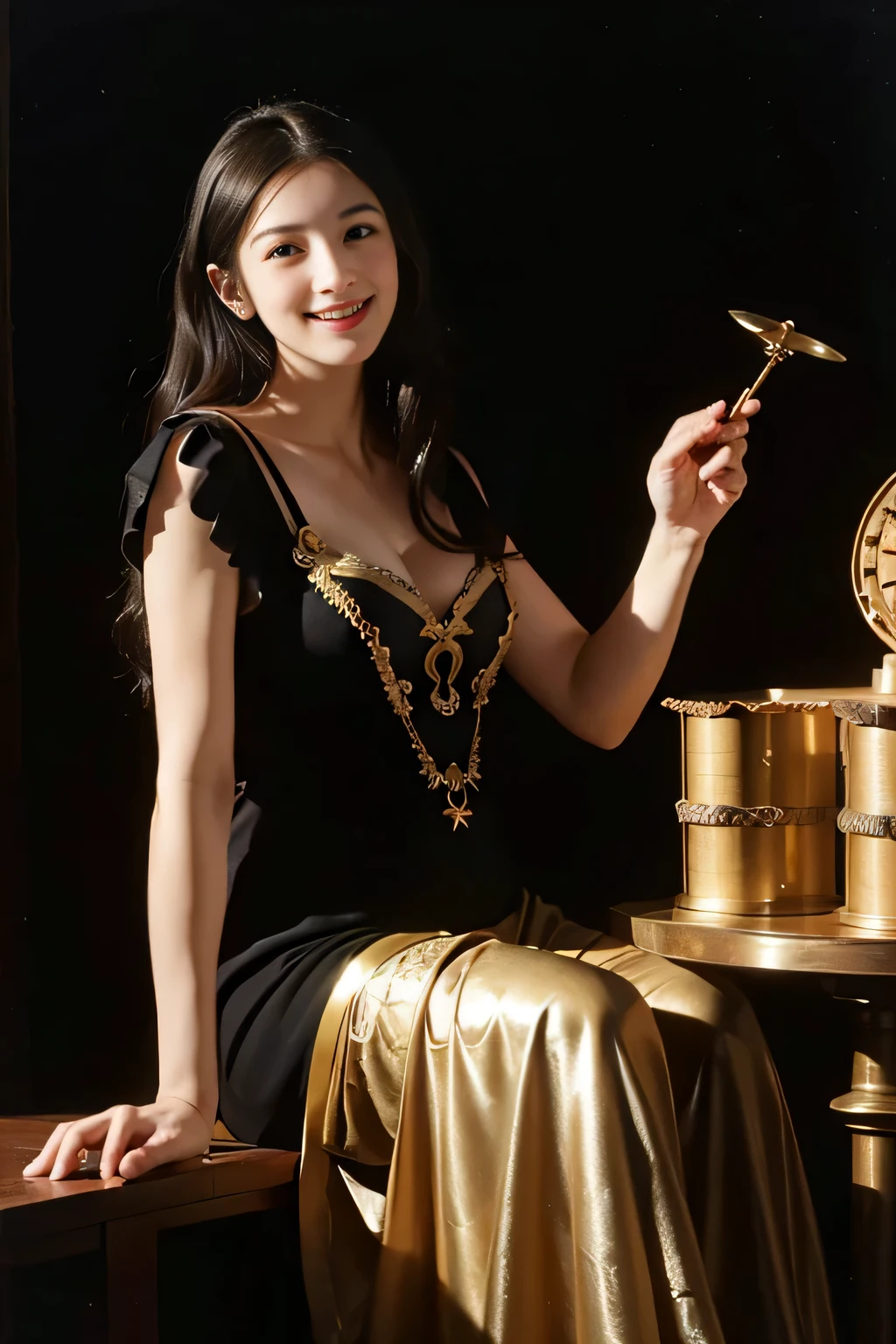 female mathematician,Ancient Greek costumes,Astronomical machinery,antique,A smile,,Sweet and seductive appearance.、Caravaggio's paintings、Chiaroscuro of Caravaggio,,Cute smile, Expression of ecstasy,erotick,A sexy