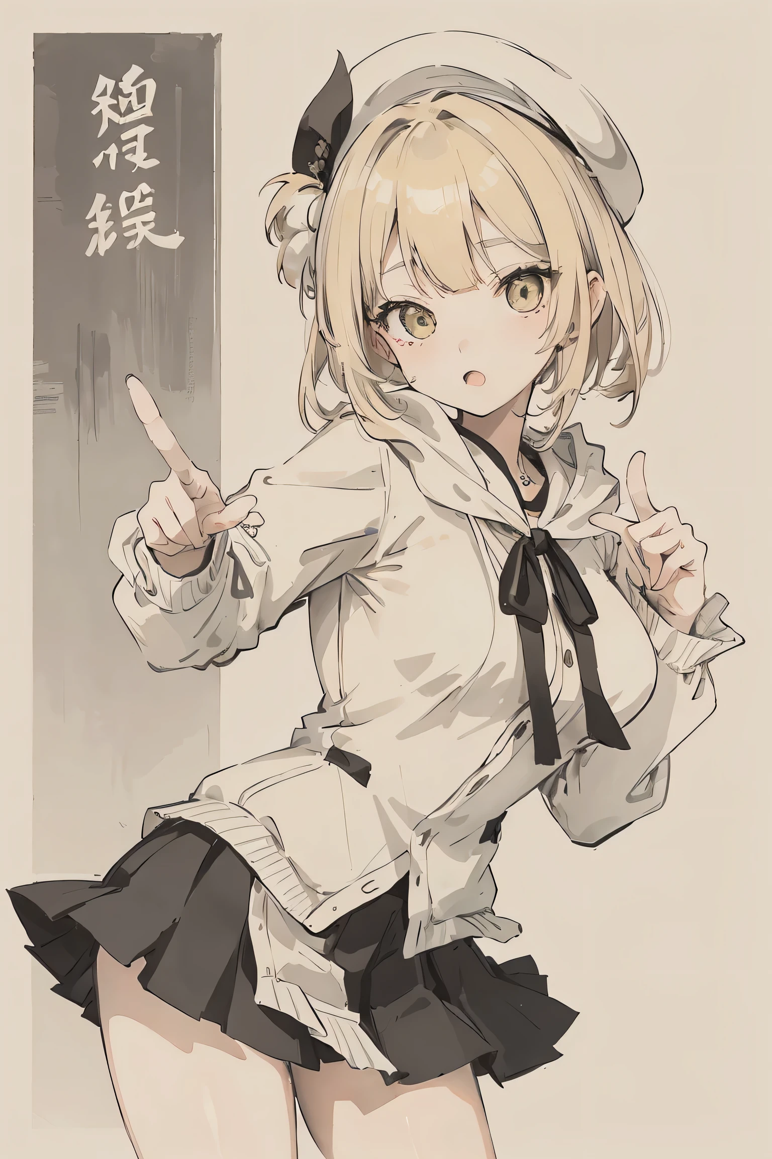 sparrow, a blonde haired girl, wearing a white hoody, short hair, messy hair, black skirt, yellow hoody, slim body, lick her finger, , , she close her left eye, shirt ornament, lolippai, white beret,