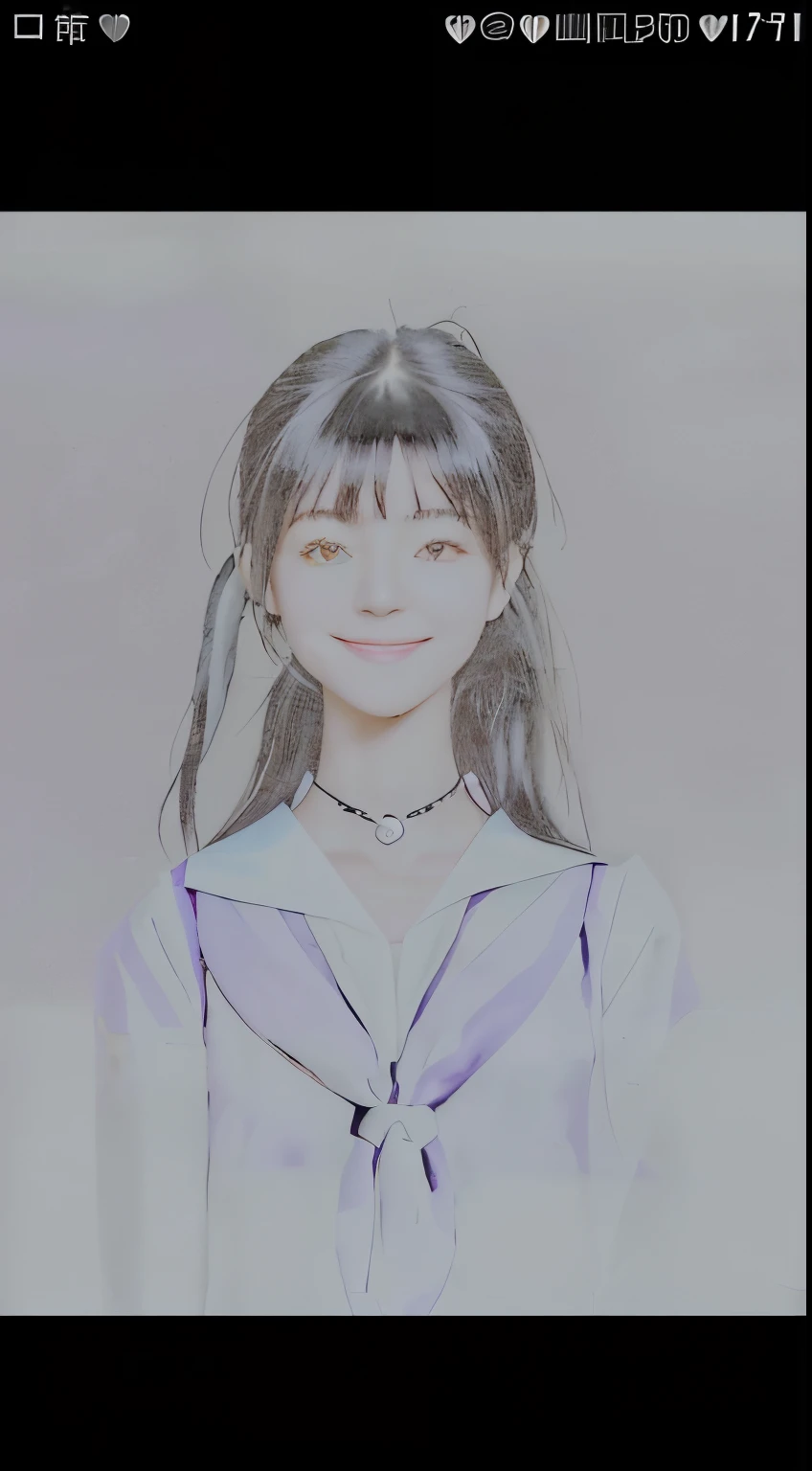 ichigestyle, 1girl, solo, black hair, heart, hair ornament, school uniform, side ponytail, smile, looking at viewer, neckerchief, upper body, heart hair ornament, cardigan, sailor collar, serafuku, black sailor collar, bangs, yellow eyes, closed mouth, long hair, brown eyes, purple neckerchief, striped background, collarbone, striped, polka dot, star (symbol)