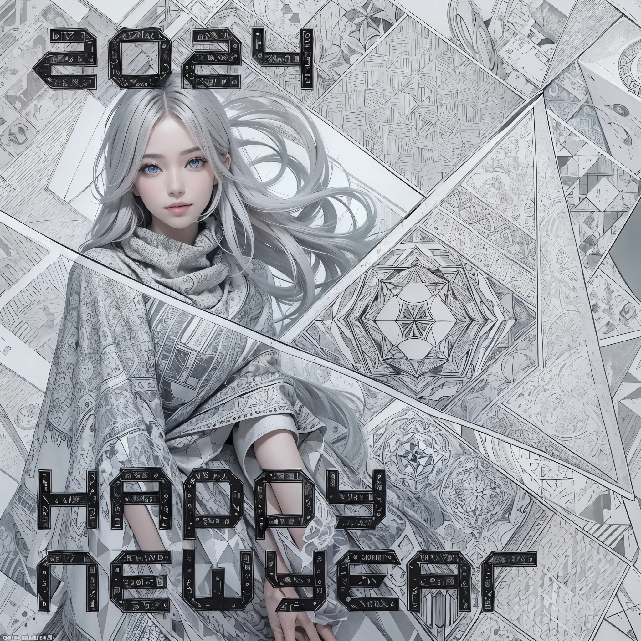 (Realistic:1.8), (Digital art:0.2), (Geometric art:1.7),(agpi official art, beautiful and aesthetic, ultra detailed, beautiful, masterpiece, best quality:1.6), (1girl:1.2), Detailed face, Detailed eyes, Detailed hair, young fingers, Detailed fingers, five fingerREAK cute ig model, Japanese cute model, 22 years old, Tightened all body, small head, small face, small mouth, diamond Face, small nose, Sharp Faceline, (dropy eyes, Double eyelid, Light color eyes, Glossy eyes, Shiny eyes:1.2), Shiny skin, shiny hair, (gray hair:1.2),
_
BREAK (happy, smile, Teeth, Glossy Lip:1.2),beautiful Teeth, (upper body:1.5), sitting, from front,
_
BACKGROUND
(gray urban cityscape with soft lights:1.3)BREAK
POSE
(standing gracefully with arms slightly extended:1.2)BREAK
CAMERA ANGLE
(angled slightly from above, capturing the flowing lines of the poncho:1.2)BREAK
OUTFIT
(fusion of black and white poncho with intricate geometric patterns:1.2), (black skinny jeans:1.1), (ankle boots with subtle pattern details:1.1), (minimalistic silver accessories:1.1)BREAK