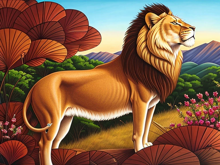 Wooden carved board with deep carved relief, wooden texture, African ornate, lion half figure on the hills, wooden artwork