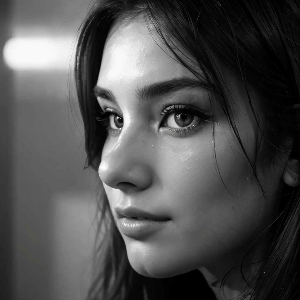 image of a grayscale digital artwork of a close-up view of a girl's face,with effect of hair focusing on the eyes, nose, and lips. The eyes are highly detailed and glossy, making them the focal point of this artwork. The girl has a dark and realistic style,on a side view angle