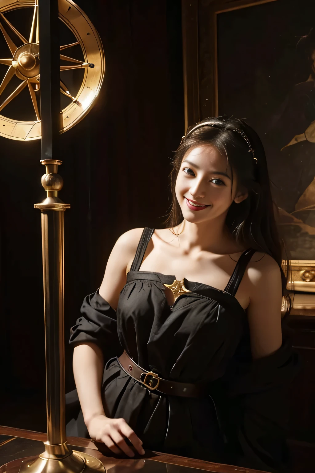 female mathematician,Ancient Greek costumes,Astronomical machinery,antique,A smile,,Sweet and seductive appearance.、Caravaggio's paintings、Chiaroscuro of Caravaggio,,Cute smile, Expression of ecstasy,erotick,A sexy