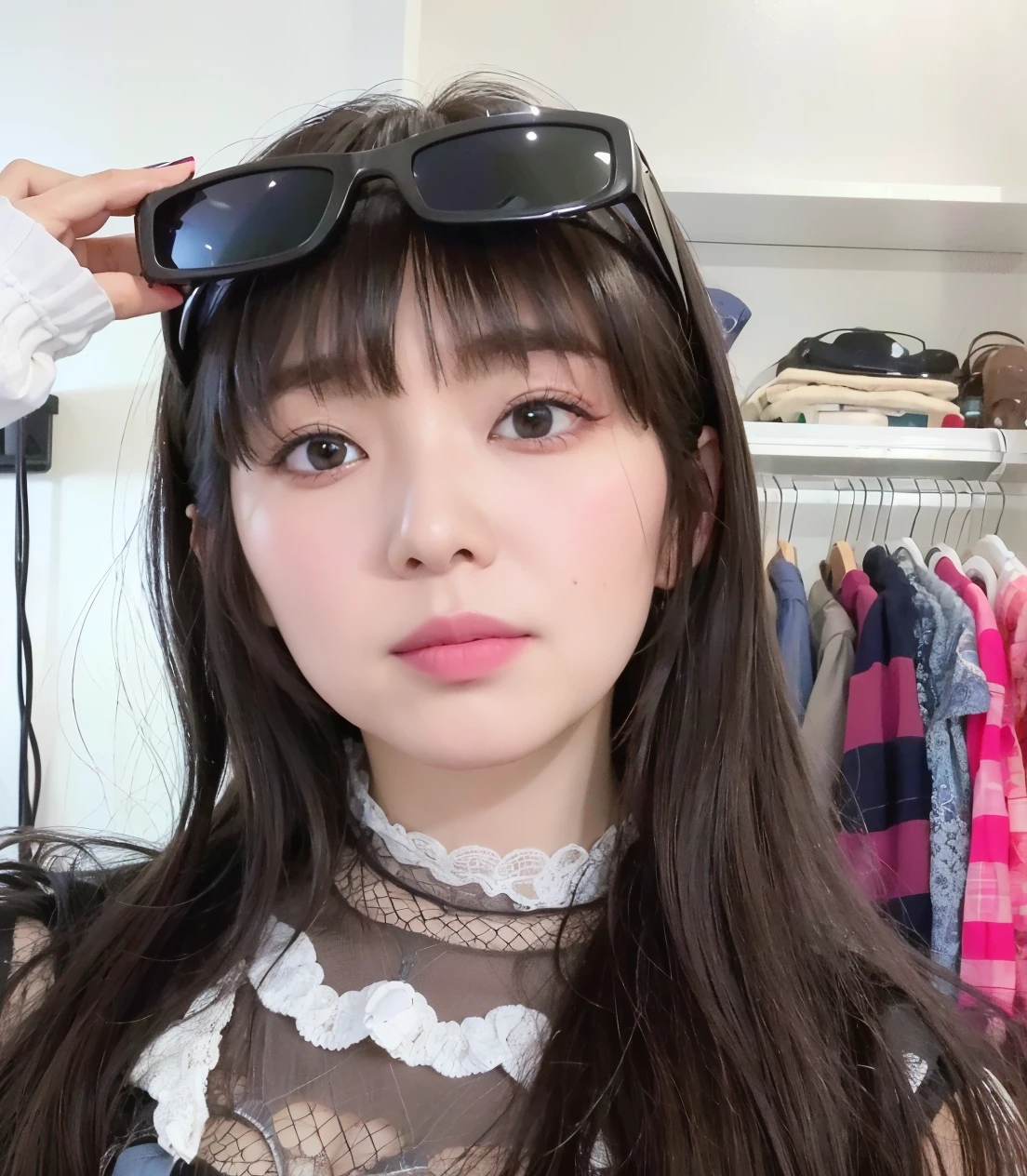 arafed woman with sunglasses on her head and a hair dryer, she has black hair with bangs, belle delphine, straight bangs, the hime cut, gemma chen, with bangs, with full bangs, neat hair with bangs, black hime cut hair, shikamimi, long straight bangs, jossi of blackpink, chiho, sui ishida with black hair
