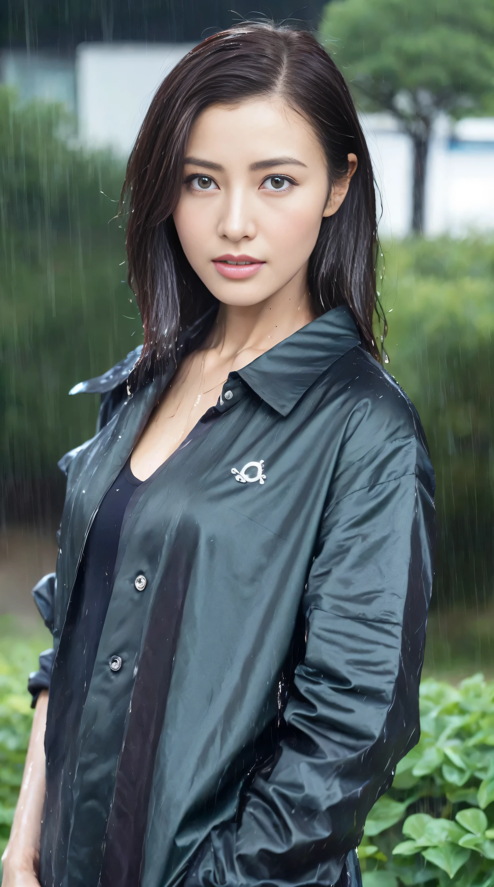 (Best quality, 4K, tmasterpiece :1.Beautiful woman, 1 girl, (, attractive body :1.2), Abs :1.1, dark brown  hair: 1.1, (rainy wet, 被雨Drenched, Drenched :1.2), Very rich facial details, detailed lips, 詳細な目, 二重まぶた