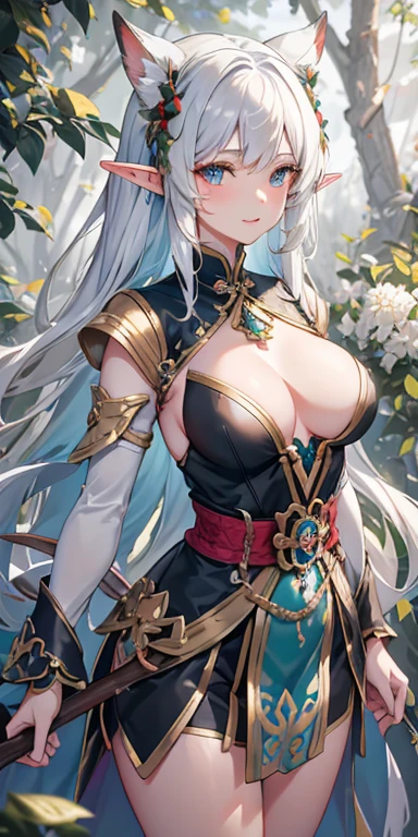 1girl ( is an elf ), wearing black Chinese-style clothes, a long-sleeved shirt that exposes about 40% of the chest, a light purple short skirt, goblin ears, and red teardrop earrings, standing, hand holding a red magic staff ,white hair,braid your hair to waist length, blue and green eyes, smile little bit, slightly large breasts, thighs, beautiful and detailed, detailed eyes, detailed face and hair, detailed background, depth of field, light particles, light rays, sidelighting, a poetic and magical butterfly forest background, look at the transparent butterfly, 20 years old