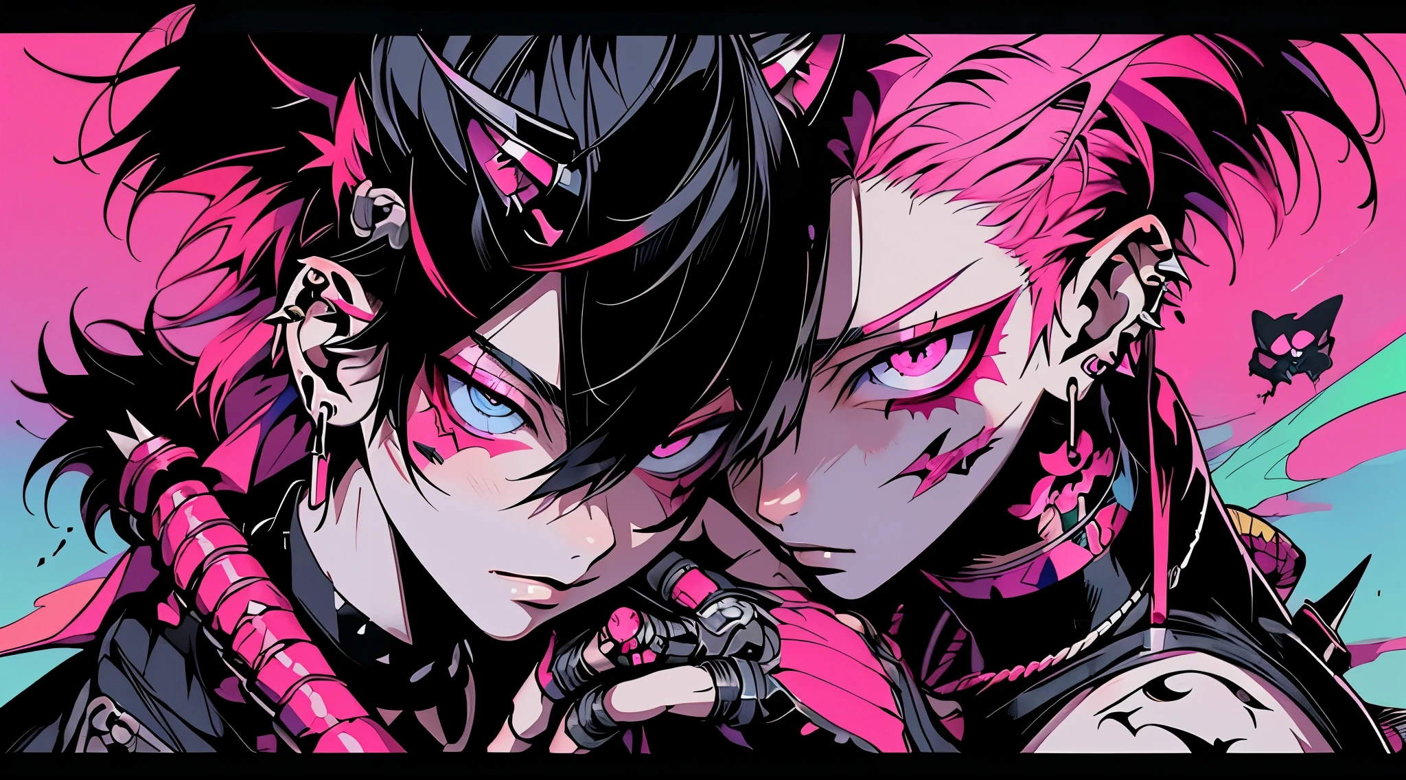 A samurai animé style tatoo of gothic male, drop cyber with vibrant Colors and a reference to my diabetic condition like a needle for exemple, punk spikes on wrist, futuristic half cyborg, Korean , only facing front,