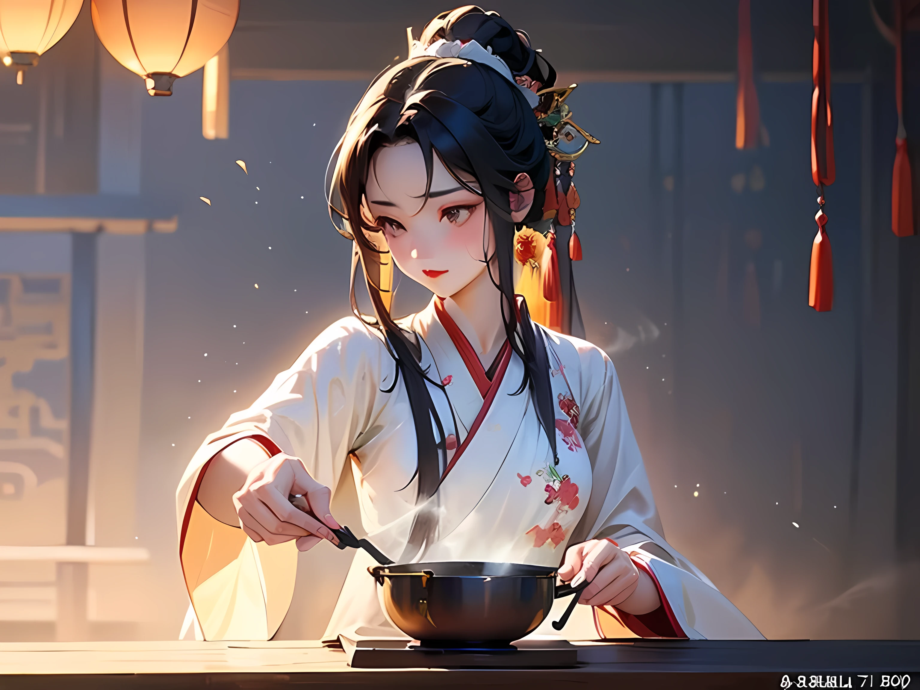 Beautiful Chinese girl cooking during the Song Dynasty,illustration,[traditional,silk clothes:silk, vibrant colorquisite porcelain tableware:porcelain, intricate pattern],Realistic lighting,Tranquil garden atmosphere,Meticulous brush strokes,beautiful detail eyes,Beautifully detailed lips,colorful masterpieces:1.2,ultra-detail,Realistic high sound,professional,concept artist