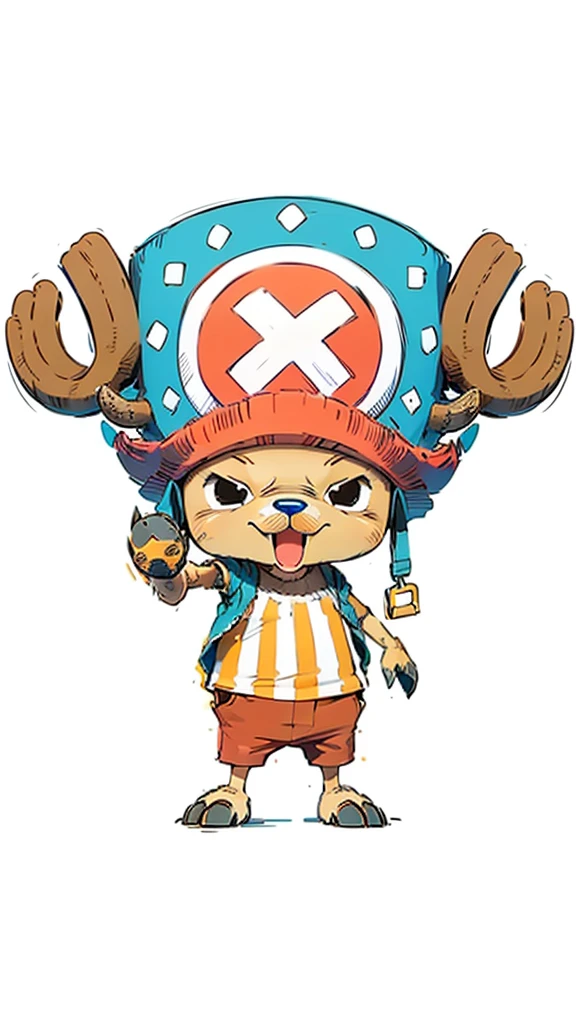 Masterpiece,best quality,1man ,tony tnony chopper(one piece),deer monster ,closed mouth, yellow and white t-shirt, orange trousers, hat, cute,super details,