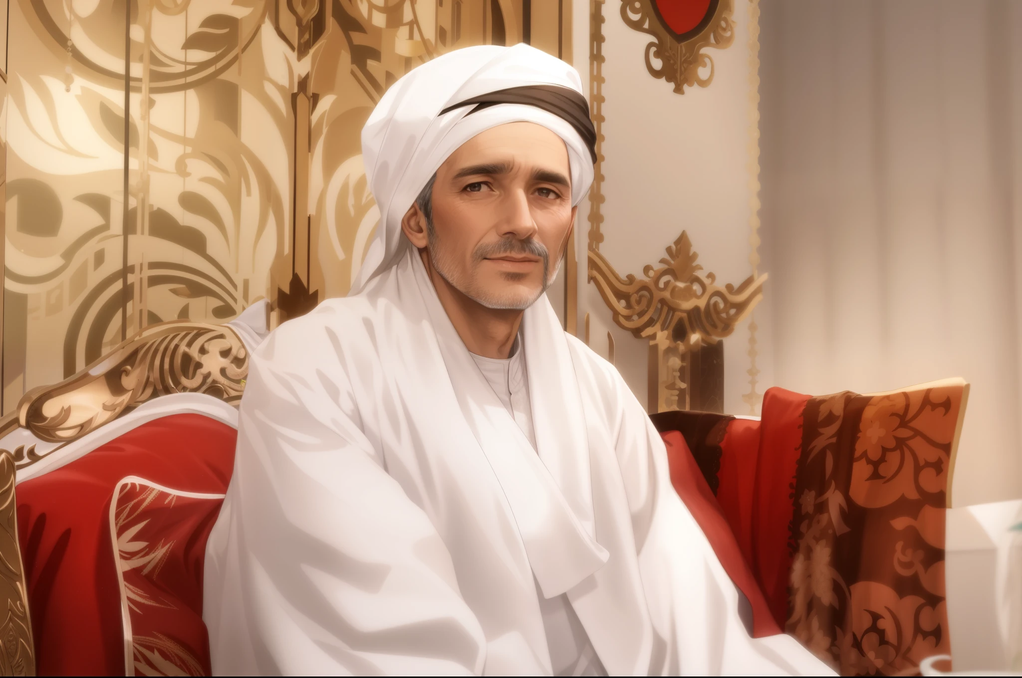 there is a man sitting on a couch with a white robe, mohamed chahin, sheik mohammad ruler of dubai, portrait shot, taken in the early 2020s, african ameera al taweel, sheikh, absolutely outstanding image, portrait of bedouin d&d, afar, photo portrait, photo taken in 2018, serene expression