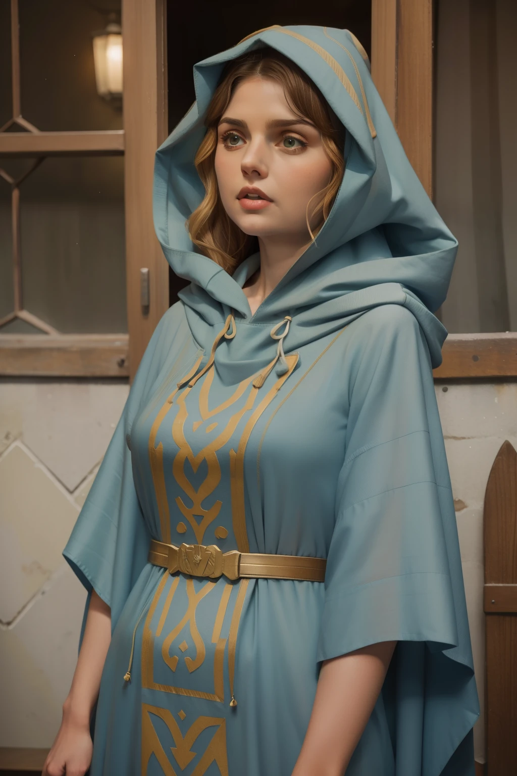 1172, Shiring, England. Otherworldly scene in a medieval town, ((((52-year-old)) Alexandra Daddario)), wrinkles, grey hair, in a bussy crowded plaza, ((serious expression)), ((((tunic and hood from the 12th century)))), ((Hairstyle of the 12th century)), ((Wes Anderson cinematic style)), colorful