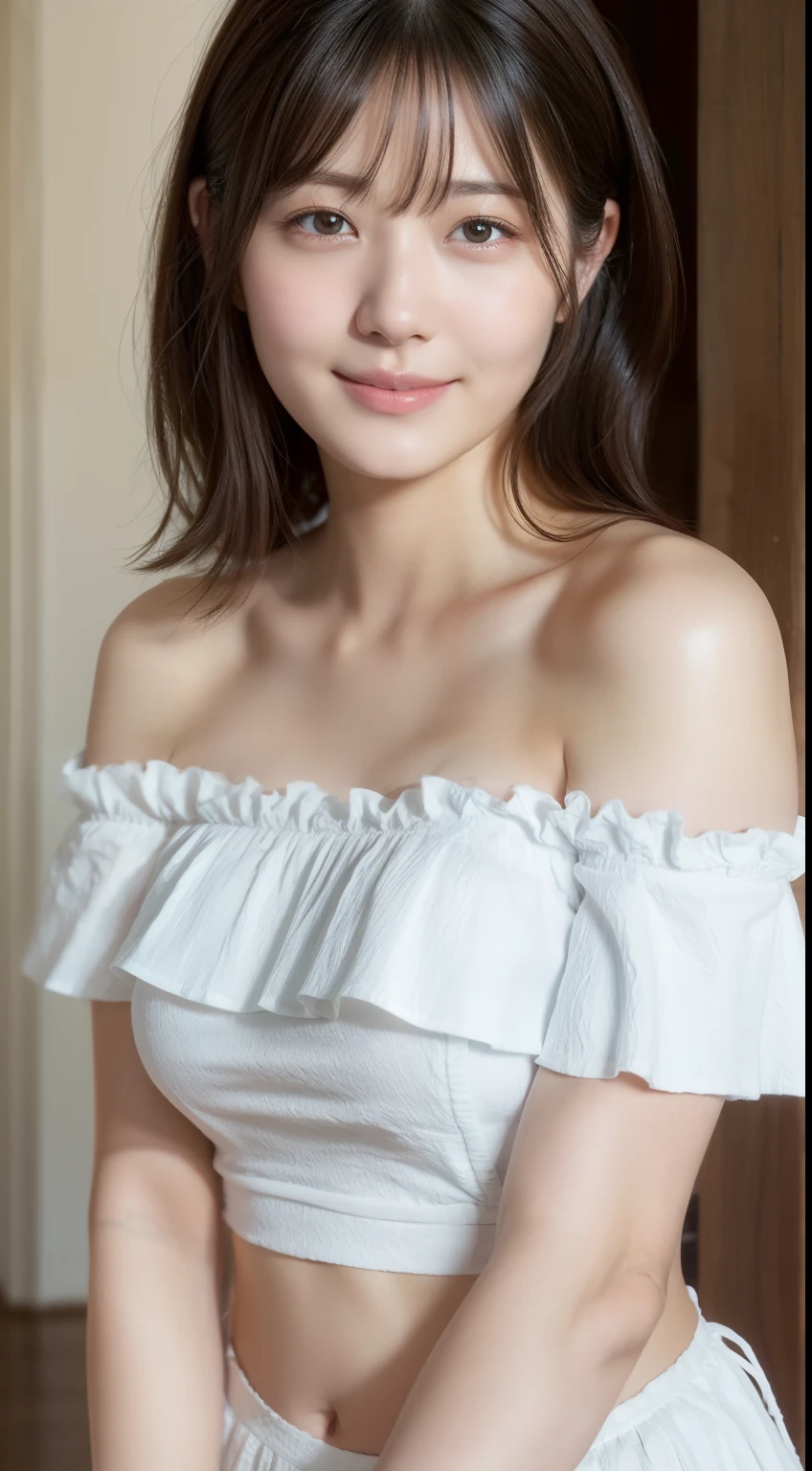 Enhanced dynamic perspective,Cute cute beautiful girl,((Ruffled White Cotton Off-Shoulder Tops))、Short pants、Look at me and smile, Long、(Top quality real texture skins:1.4)、backgound,Works of masters,high quarity,4K resolution,super-fine,Detailed pubic hair,准确,Cinematic lighting,Leaves the original facial proportions、(Huge breasts)、
