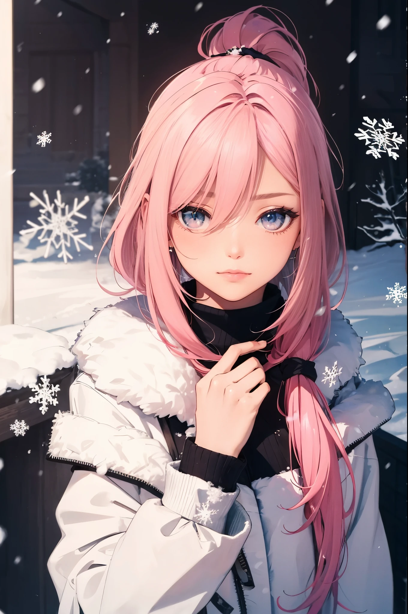 (tmasterpiece), (Best quality at best), 1female, (long_Ponytail pink hair), (hair covering one eye:1.21), Wear winter clothes, snow landscape, Snowflakes visible in the air, Delicate and beautiful eyes, Delicate and gorgeous face, perfect anatomia, Perfect blackout, dramatic lights, The is very detailed, Complicated details, the wallpaper, pixiv, krenzcushart, Colors are oversaturated,