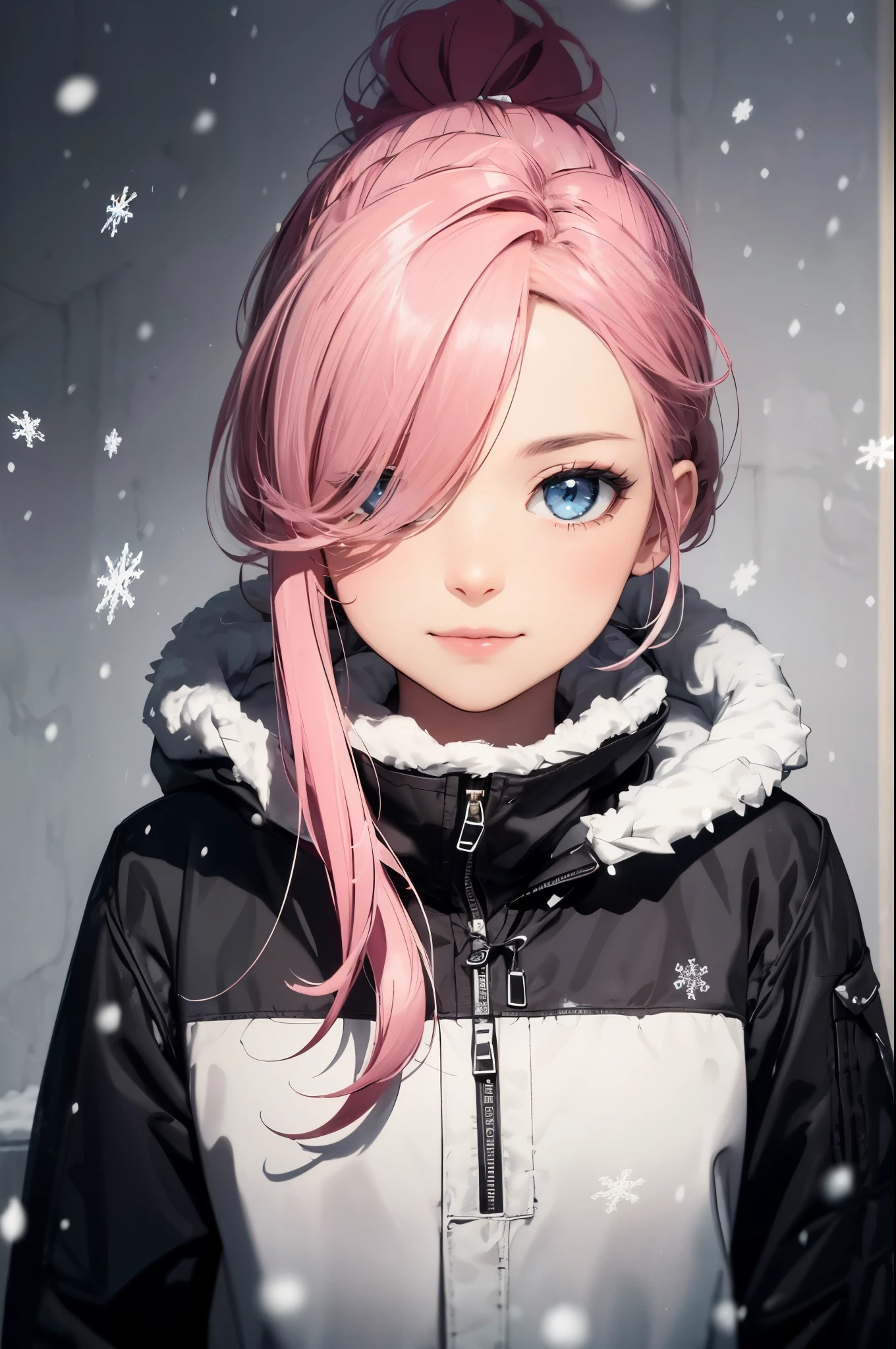 (tmasterpiece), (Best quality at best), 1female, (long_Ponytail pink hair), (hair covering one eye:1.21), Wear winter clothes, snow landscape, Snowflakes visible in the air, Delicate and beautiful eyes, Delicate and gorgeous face, perfect anatomia, Perfect blackout, dramatic lights, The is very detailed, Complicated details, the wallpaper, pixiv, krenzcushart, Colors are oversaturated,