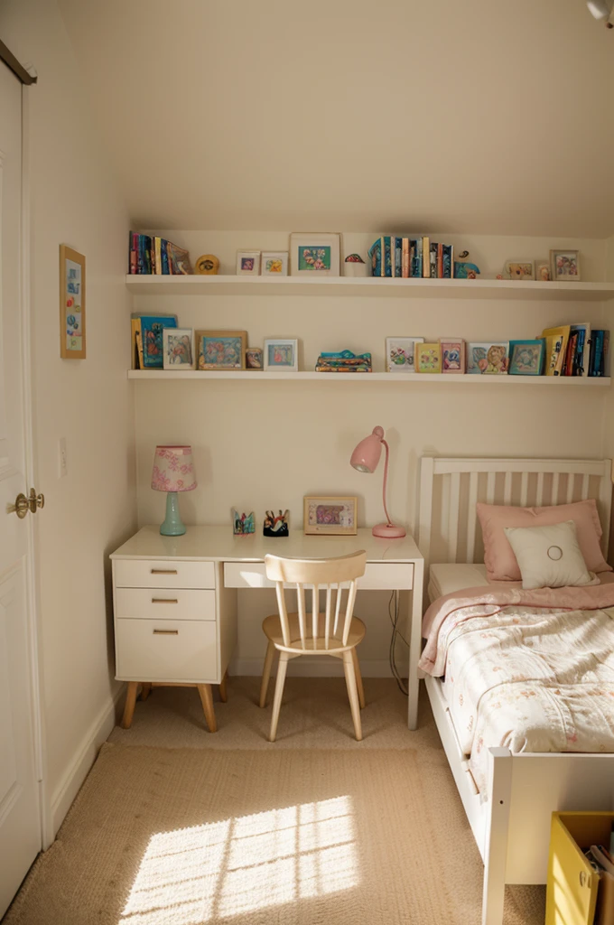 Close-up of room with desk and bed, toy room, In a small room, bookshelf on both sides, interior of child's bedroom, children's bedroom, Bright Room (Bright Room), playful and cheerful, Girl's Room, book shelf, Boys' Room, Cream - Color Room (Cream - Colored Room), small library, busy room, Cute room, book shelf small library, reading space