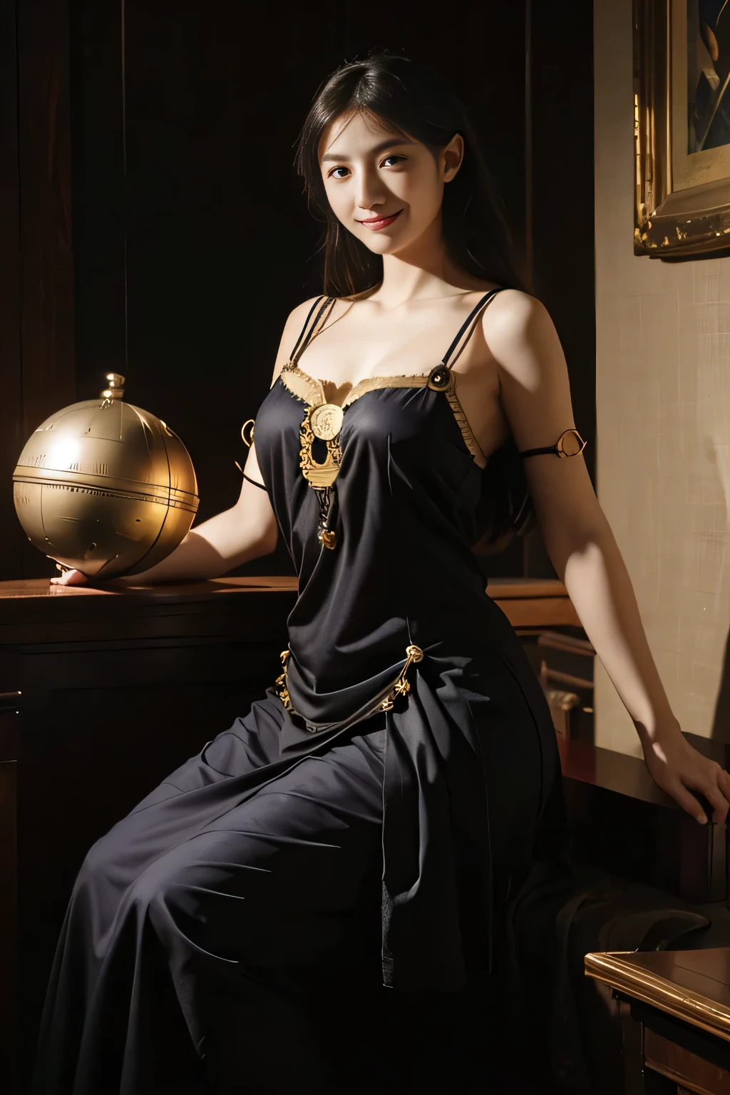 female mathematician,Ancient Greek costumes,Astronomical machinery,antique,A smile,,Sweet and seductive appearance.、Caravaggio's paintings、Chiaroscuro of Caravaggio,,Cute smile, Expression of ecstasy,erotick,A sexy