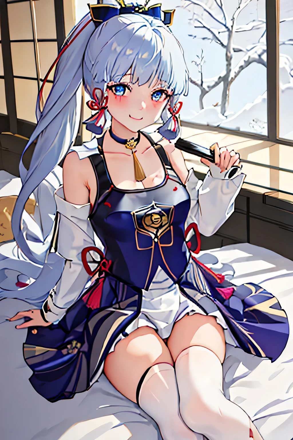 Best quality, tmasterpiece, A high resolution, Alone, {Kami-sato_ayaka_genshin impact:1.15}, through bangs, blue_eyeds, long_the hair, blunt_through bangs, ribbons, the hair_ribbons, pony tails, side locks, blue_the hair, birthmark, birthmark_According to the following_eyed, The face is red, the hair_decor, , ssmile, The white_the hair