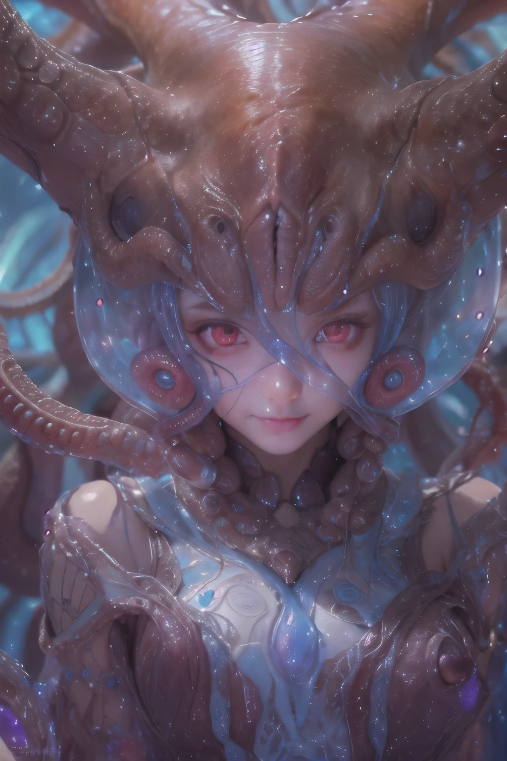 Portrait, (beautiful female alien:1.2),  (she has red eyes with no pupils:1.8), (Translucent skin:1.7),  (There is a female genital-like organ in the middle of the forehead:1.9), (The most beautiful face in the history of the universe:1.2),an evil gaze that seduces, (large mouth:1.1), (sharp teeth like a vampire:1.2), Full body like, (bio luminescent:1.5), (Smile wickedly:1.3),  (sexypose:1.5), alien, No humans, cells are fused, (Lots of translucent tentacles:1.3) extraterrestrial, cell, bio image, Best Quality, 8K,4K_quality, High Definition, Dramatic Lighting, masutepiece:1.5,cinematic quality, detail up, (Intricate details:1.2), High resolution, High Definition, drawing faithfully, (Thick eyebrows:1.2), Beautiful eyes with fine symmetry,(Highly detailed face and eyes:1.2), Intimate face, (Super detailed skin quality feeling:1.4), Perfect Anatomy,  (Beautiful toned body:1.5),  (Moist skin:1.2), No makeup, (dark circles:1.1), long canines, cinematic drawing of characters, ultra high quality model, cinematic quality, detail up, (Intricate details:1.2), High resolution, High Definition, drawing faithfully, Official art, Unity 8K wall  , 8K Portrait, Best Quality, Very High resolution, ultra detailed artistic photography, midnight aura,  unreal enginee 5, Ultra Sharp Focus, art by alberto seveso, ArtGerm, Roisch, intricate artwork, best quality, masutepiece, ultra High resolution, (photos realistic:1.4), Ultra-realistic realism, dream-like,  nautilus, Creation of fantasy, Snail, Dream Snail,  biopunk nautilus, Thrilling color schemes， Ultra-realistic realism， seductively smiling, Blue tentacles,