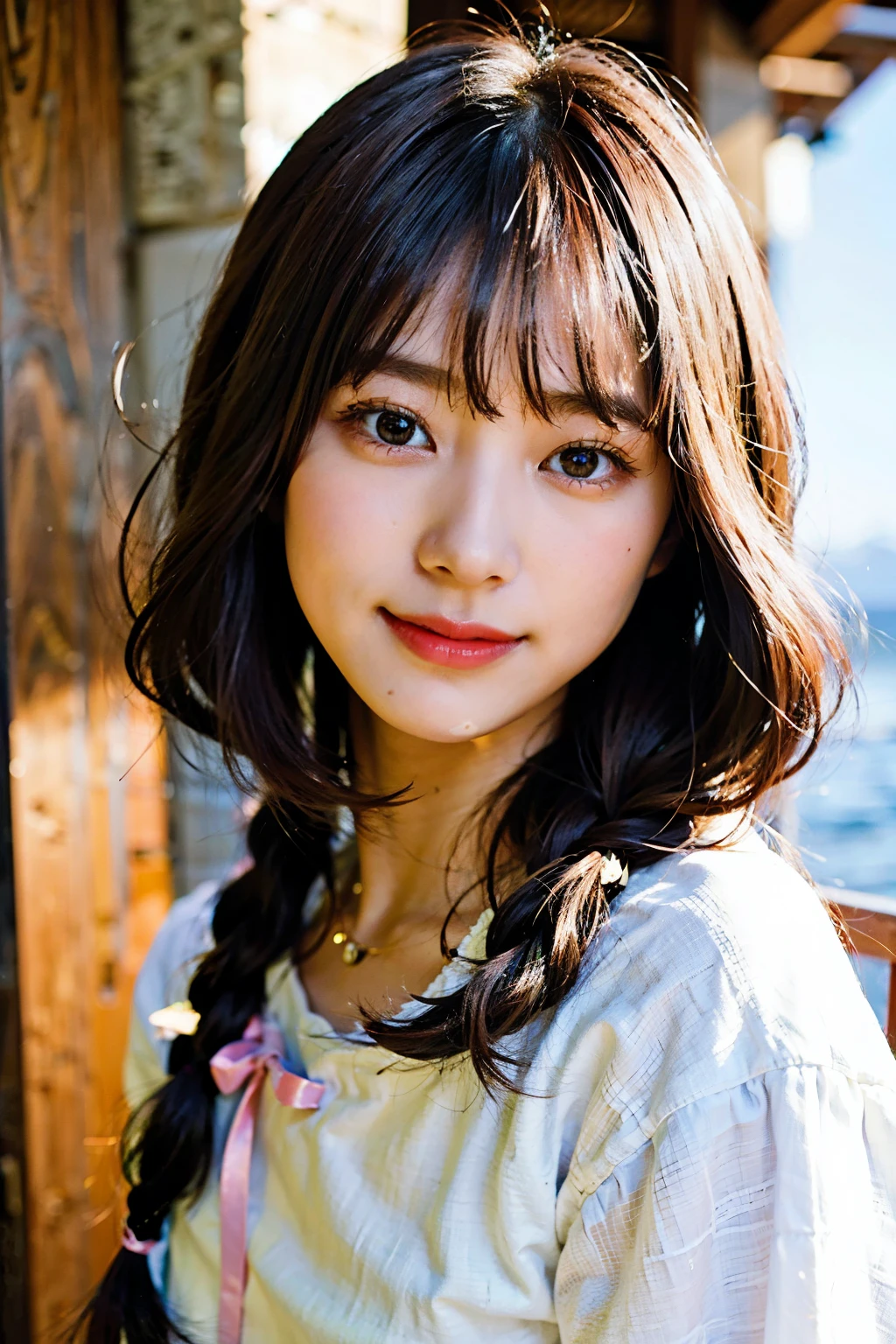 1girl in, Solo, Cute girl with pink hair, Pink eyes, The background is the coast, Soft natural light, Ribbon on the head, White shirt with ruffles、a small face、Smile、younggirl、8K、realisitic、White braid, Hair Ornament、