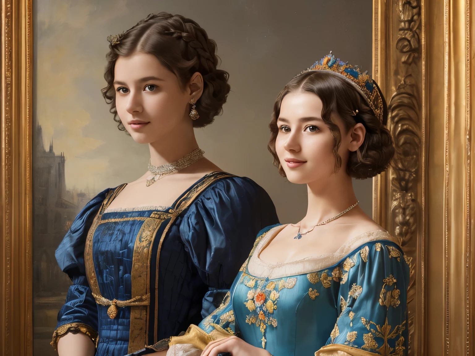 142
(a 20 yo woman,in the palace), (A hyper-realistic), (high-level image quality), ((beautiful hairstyle 46)), ((short-hair:1.46)), (kindly smile), (breasted:1.1), (lipsticks), (wearing a blue dress), (murky,wide,Luxurious room), (florals), (an oil painting、Rembrandt)