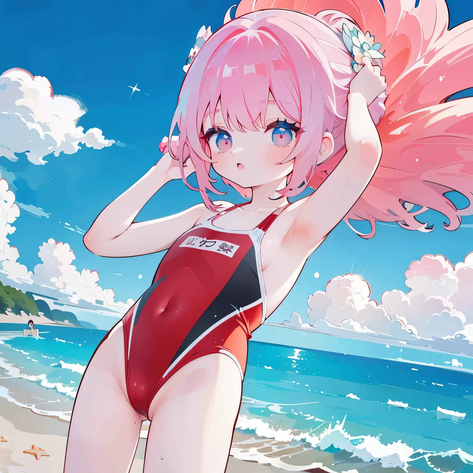 Vermilion hair, bathing suit, The sea, The sea фон, at a beach,
Upper torso, lolita