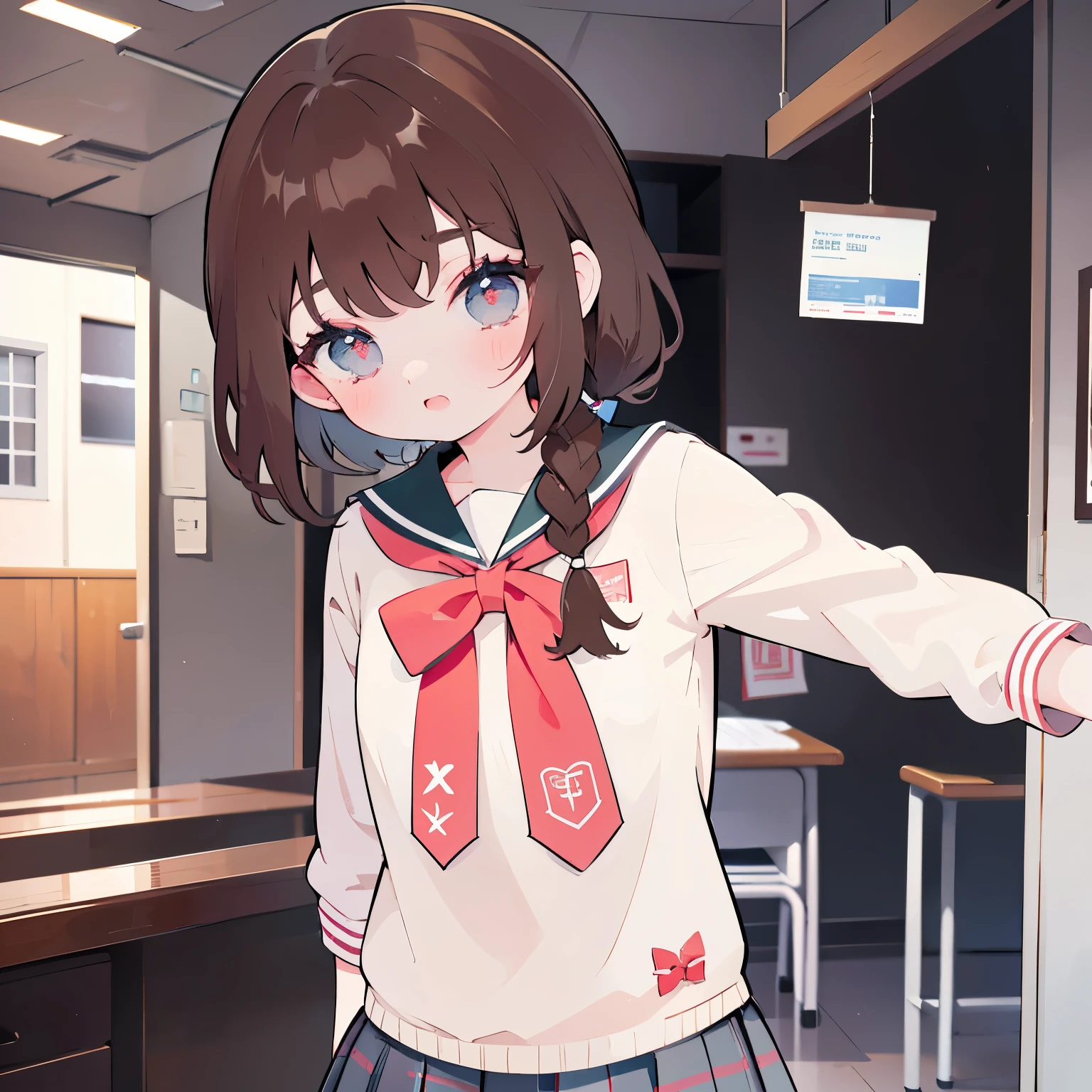 brown hair, high school uniform, Background of the school, Schoolgirl girl
, Upper torso, ta