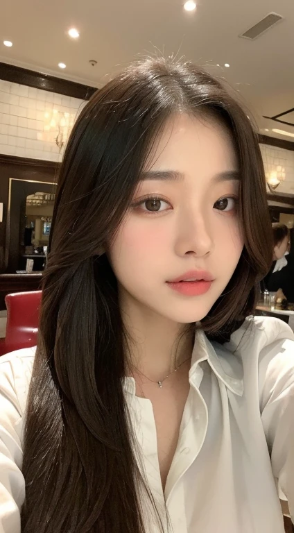 ((Top Quality, 8K, masterpiece: 1.3)), Sharp: 1.2, Perfect Body Beauty: 1.4, Slim Abs: 1.2, ((Layered hairstyles, : 1.2)), ( White button-down long shirt: 1.1), (jazz cafe, cafe with musical instruments: 1.2), : 1.5, Highly detailed facial and skin texture, 詳細な目, Double eyelidd, front facing the camera.beautiful asian girl, new straight hair,