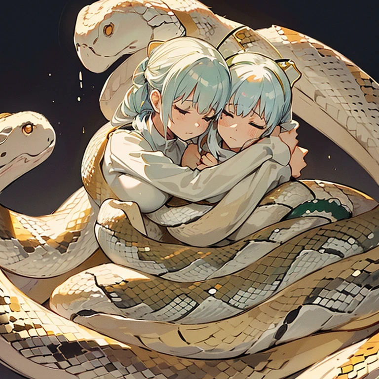 A girl in a white camouflage uniform who serves a costumed snake has a winning run.、joy、Amazing dynamism、Amazing Angle、Overwhelming supergravity sandstorm、((((Many friendly snakes stacked close together whispering and hugging each other))))、((surround each other'snake))