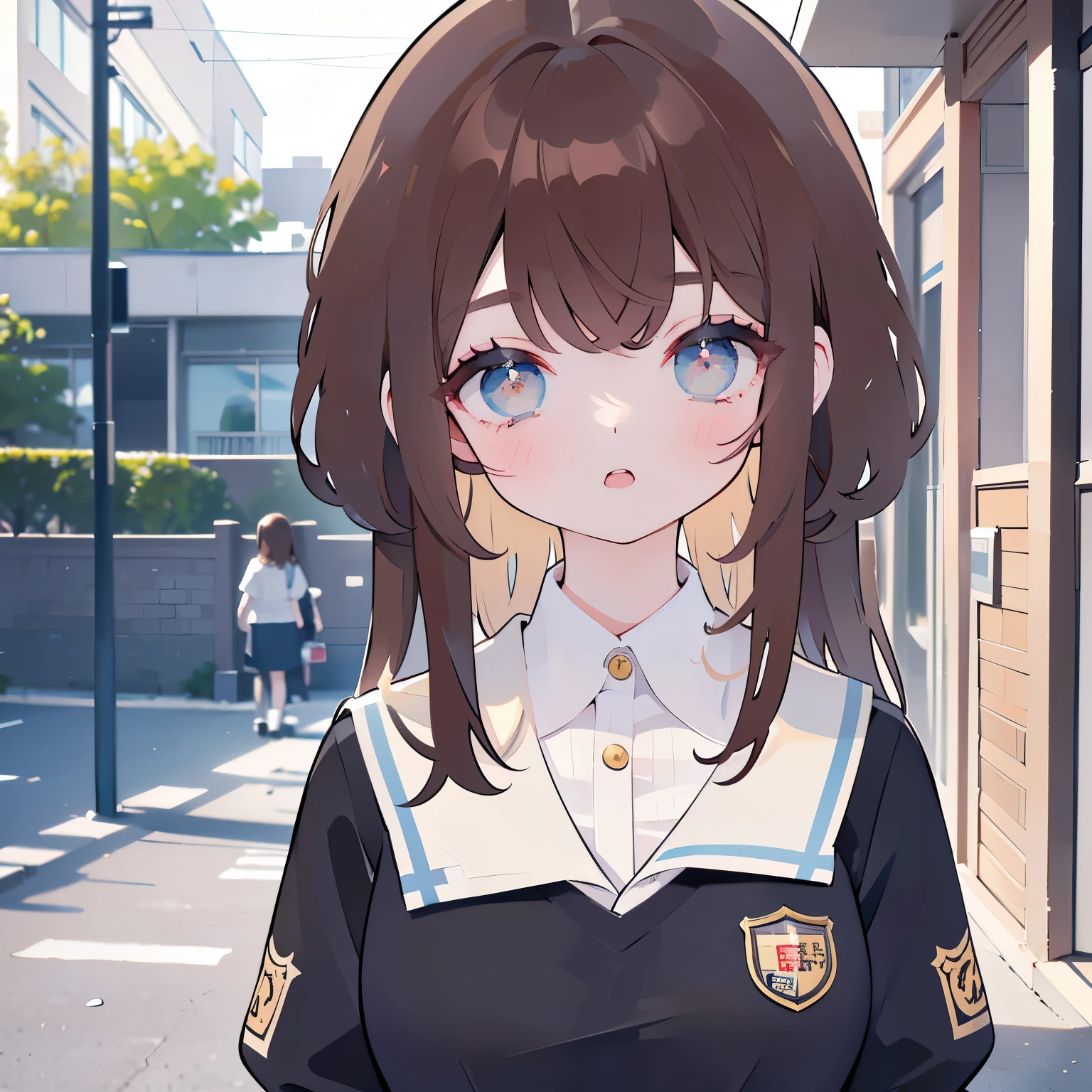 brown hair, high school uniform, Background of the school, Schoolgirl girl
, Upper torso, lolita