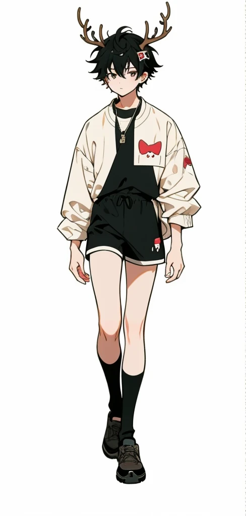 anime Full body illustration, , Full body illustration, full body portrait of a short!, single character full body, A, かわいい男の子のAニメビジュAル, portrait of a full body、deer ears、Deer antlers、shorth hair、ダークブラウンのshorth hair、shortpants、