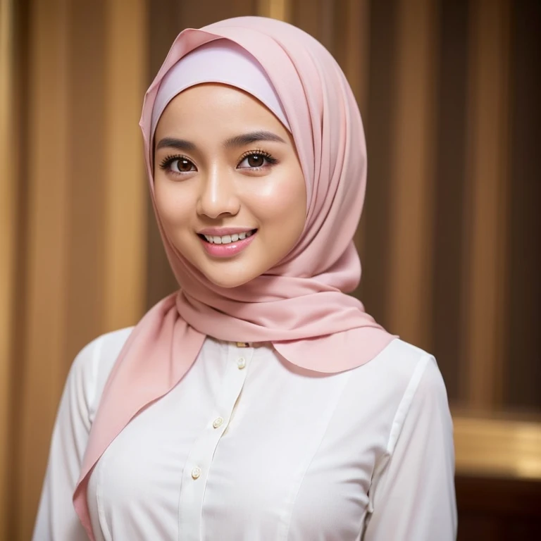Classy innocent malay babe, very beautiful, typical malay hazel eyes, slim figure, sweet character, (wears modest dress), medium large breast inside dress, professional lighting, portrait, blur background, (dynamic range: 1.2), great scene, midshot, full chest, ((buttoned white shirt)), office, golden ratio: 1.1, ((wearing hijab), full body, pretty smile, pink lips