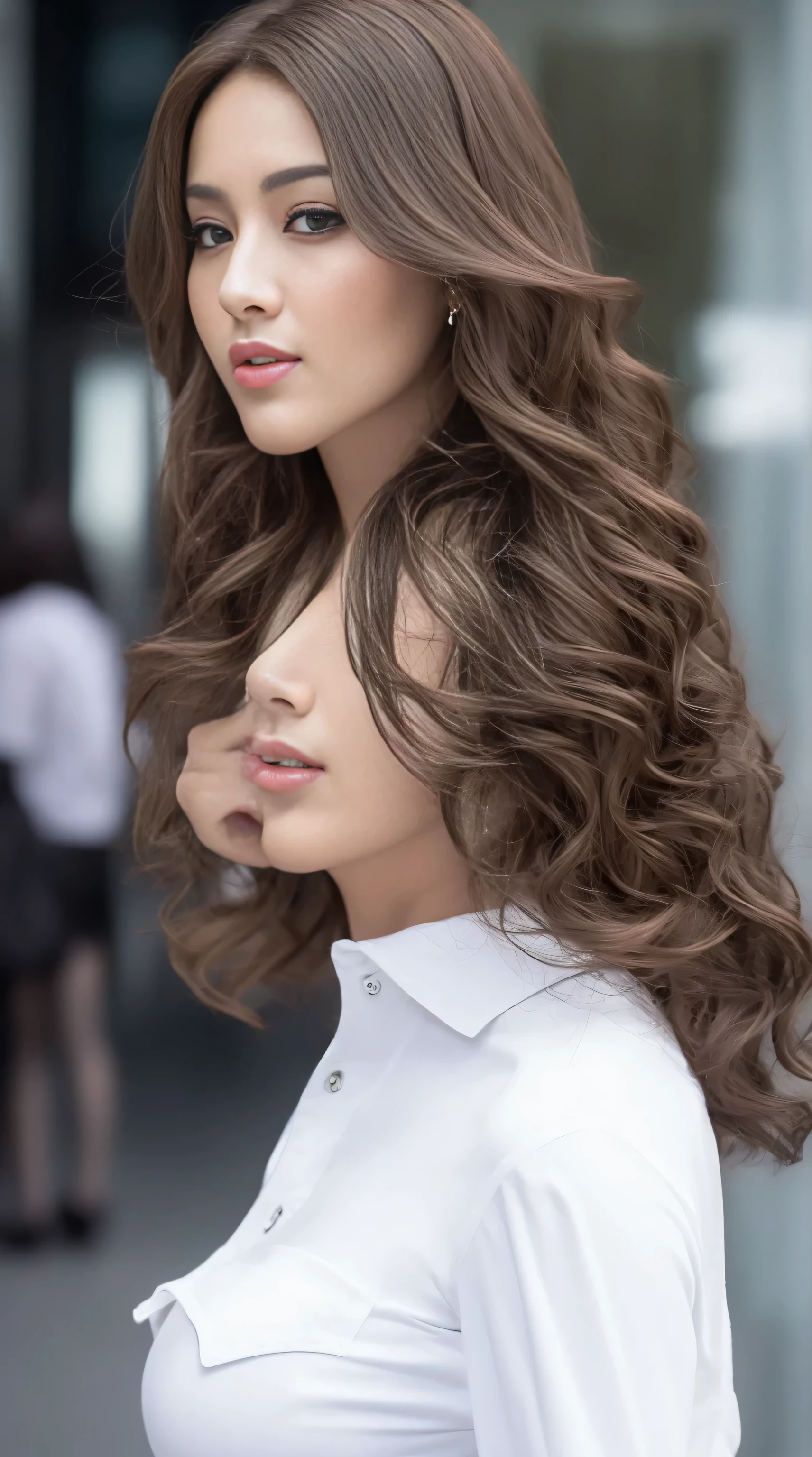 ((Best quality,8K,tmasterpiece:1.3)),Clear focus:1.2,one pretty woman,perfect body figure:1.4,Slim abs:1.2,(dark brown hair,:1.2)),(White button-down long shirt:1.1),the city street:1.2,Highly Detailed Face and Skin Textur,Full body photo:1.4,詳細な目,二重まぶた,Huge big breasts(round form,Thoroughly exposed),black microskirt,black pantyhoses,high-heels。