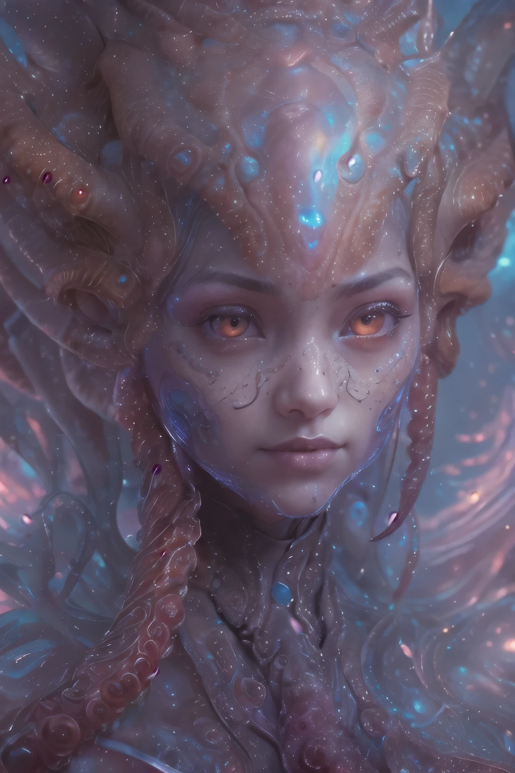 Portrait, (beautiful female alien:1.2),  (she has red eyes with no pupils:1.8), (Translucent skin:1.7),  (There is a female genital-like organ in the middle of the forehead:1.9), (The most beautiful face in the history of the universe:1.2),an evil gaze that seduces, (large mouth:1.1), (sharp teeth like a vampire:1.2), Full body like, (bio luminescent:1.5), (Smile wickedly:1.3),  (sexypose:1.5), alien, No humans, cells are fused, (Lots of translucent tentacles:1.3) extraterrestrial, cell, bio image, Best Quality, 8K,4K_quality, High Definition, Dramatic Lighting, masutepiece:1.5,cinematic quality, detail up, (Intricate details:1.2), High resolution, High Definition, drawing faithfully, (Thick eyebrows:1.2), Beautiful eyes with fine symmetry,(Highly detailed face and eyes:1.2), Intimate face, (Super detailed skin quality feeling:1.4), Perfect Anatomy,  (Beautiful toned body:1.5),  (Moist skin:1.2), No makeup, (dark circles:1.1), long canines, cinematic drawing of characters, ultra high quality model, cinematic quality, detail up, (Intricate details:1.2), High resolution, High Definition, drawing faithfully, Official art, Unity 8K wall  , 8K Portrait, Best Quality, Very High resolution, ultra detailed artistic photography, midnight aura,  unreal engine 5, Ultra Sharp Focus, art by alberto seveso, ArtGerm, Roisch, intricate artwork, best quality, masutepiece, ultra High resolution, (photos realistic:1.4), Ultra-realistic realism, dream-like,  nautilus, Creation of fantasy, Snail, Dream Snail, (biopunk nautilus:1.3), Thrilling color schemes， Ultra-realistic realism, seductively smiling, Blue tentacles,