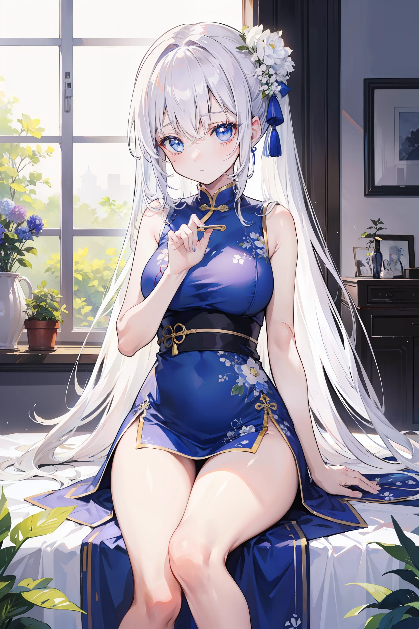 animemanga girl, Long messy white hair tied up, A beautiful Blue eyes, blank expression, Wearing a white cheongsam with some light blue accents, Bare legged, White skin of the, Beautiful Chinese room background with flower pots, 8K, A high resolution