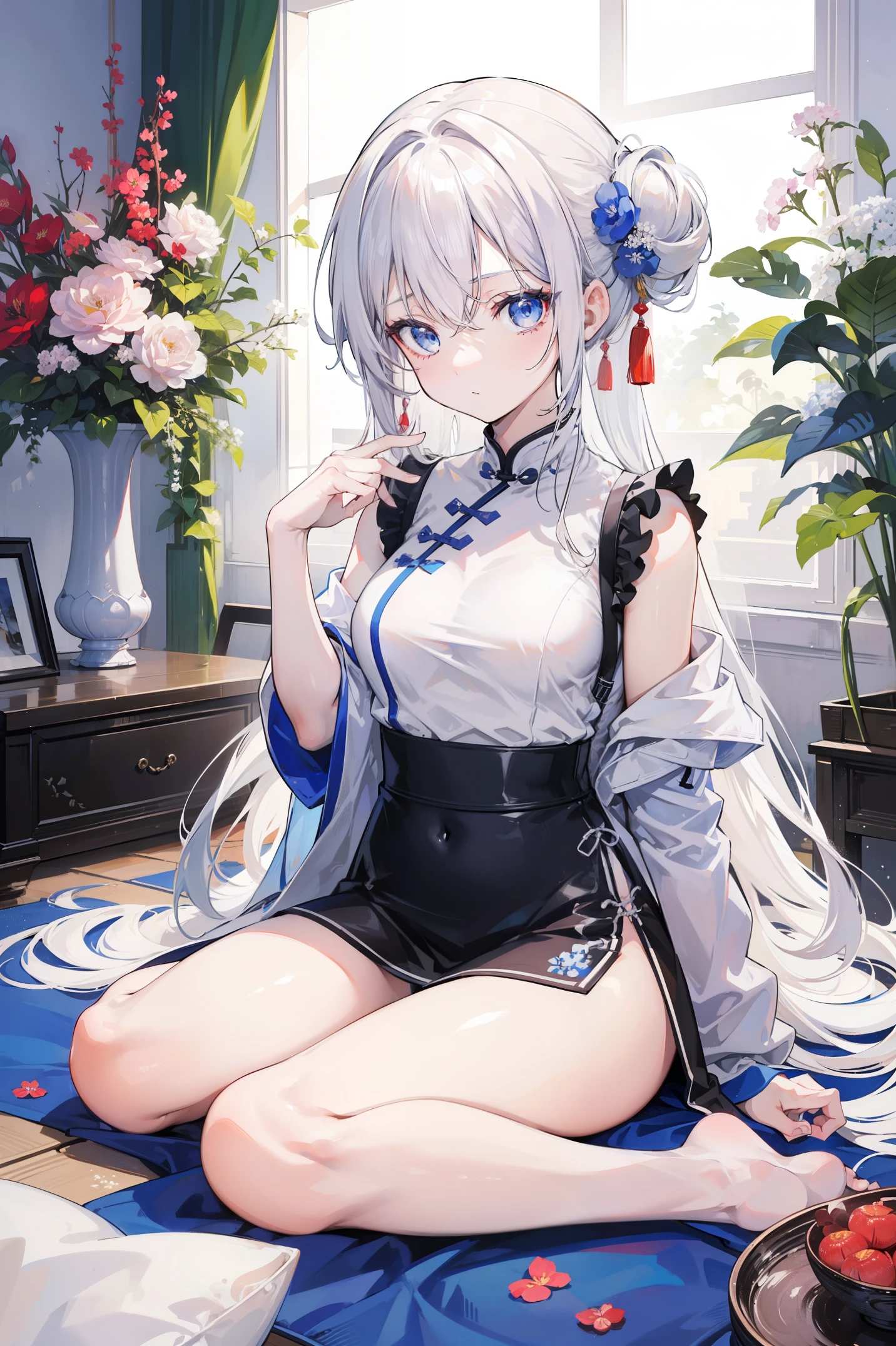 animemanga girl, Long messy white hair tied up, A beautiful Blue eyes, blank expression, Wearing a white cheongsam with some light blue accents, Bare legged, White skin of the, Beautiful Chinese room background with flower pots, 8K, A high resolution