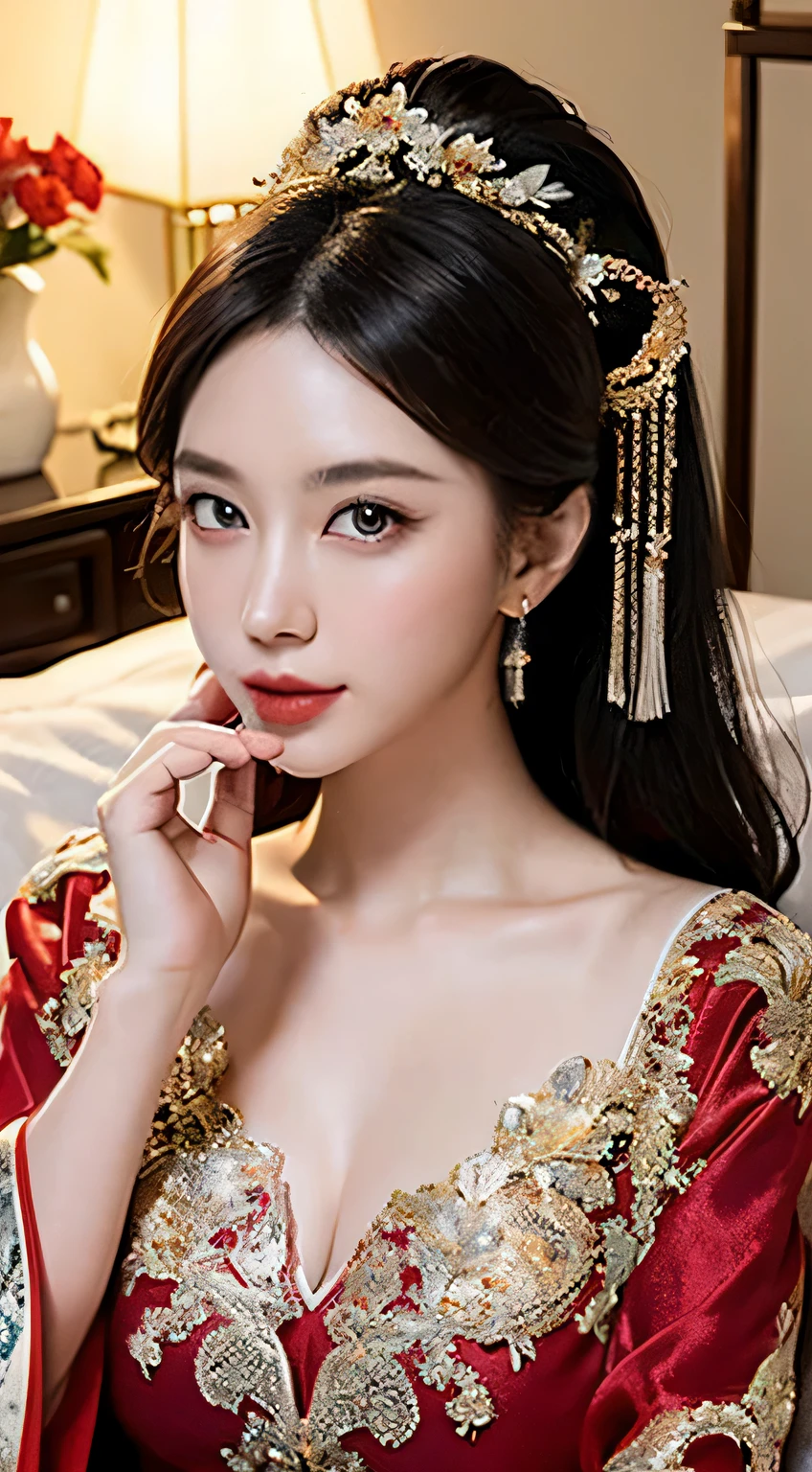 Beautiful Chinese princess, Characteristics of fantasy beauty, Its appearance,, luminous red eyes, wearing jewellery,Glowing red crystal strands cover the flowers, Lie down in bed,covered in jewels and crystals ,,The large, , 穿着The large胆而威严的礼服,the ultra-detailed,The large胆而雄伟的外观