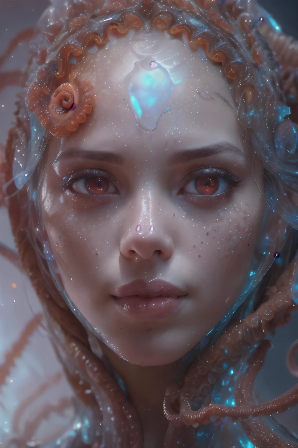 Portrait, (beautiful female alien:1.2), (she has red eyes with no pupils:1.8), (Translucent skin:1.7), (There is a female genital-like organ in the middle of the forehead:1.9), (The most beautiful face in the history of the universe:1.2),an evil gaze that seduces, (large mouth:1.1), (sharp teeth like a vampire:1.2), Full body like, (bio luminescent:1.5), (Smile wickedly:1.3), (sexypose:1.5), alien, No humans, cells are fused, (Lots of translucent tentacles:1.3) extraterrestrial, cell, bio image, Best Quality, 8K,4K_quality, High Definition, Dramatic Lighting, masutepiece:1.5,cinematic quality, detail up, (Intricate details:1.2), High resolution, High Definition, drawing faithfully, (Thick eyebrows:1.2), Beautiful eyes with fine symmetry,(Highly detailed face and eyes:1.2), Intimate face, (Super detailed skin quality feeling:1.4), Perfect Anatomy, (Beautiful toned body:1.5), (Moist skin:1.2), No makeup, (dark circles:1.1), long canines, cinematic drawing of characters, ultra high quality model, cinematic quality, detail up, (Intricate details:1.2), High resolution, High Definition, drawing faithfully, Official art, Unity 8K wall , 8K Portrait, Best Quality, Very High resolution, ultra detailed artistic photography, midnight aura, unreal engine 5, Ultra Sharp Focus, art by alberto seveso, ArtGerm, Roisch, intricate artwork, best quality, masutepiece, ultra High resolution, (photos realistic:1.4), Ultra-realistic realism, dream-like, nautilus, Creation of fantasy, Snail, Dream Snail, (biopunk nautilus:1.3), Thrilling color schemes, Ultra-realistic realism, seductively smiling, Blue tentacles,