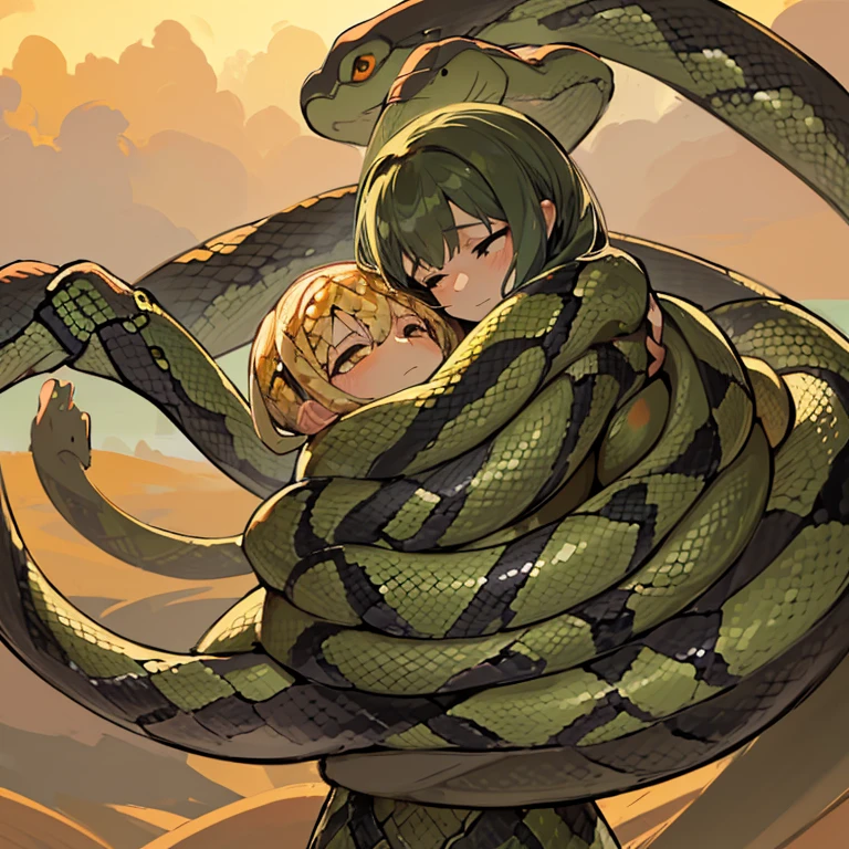 A girl in a snake-penetrating costume walks with a snake as her attendant.、Amazing dynamism、Amazing Angle、Overwhelming supergravity sandstorm、((((Many friendly snakes stacked close together whispering and hugging each other))))、((surround each other&#39;snake))