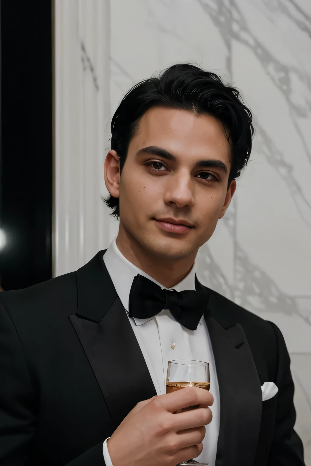 award winning glamour photograph,((best quality)), ((masterpiece)), ((realistic)), piercing eyes, man, very happy, black hair, at a party at night, ((night time)), wearing a black tuxedo, candid photo, iphone 12 photo, marble walls, luxury, people in the background, close up, pov,