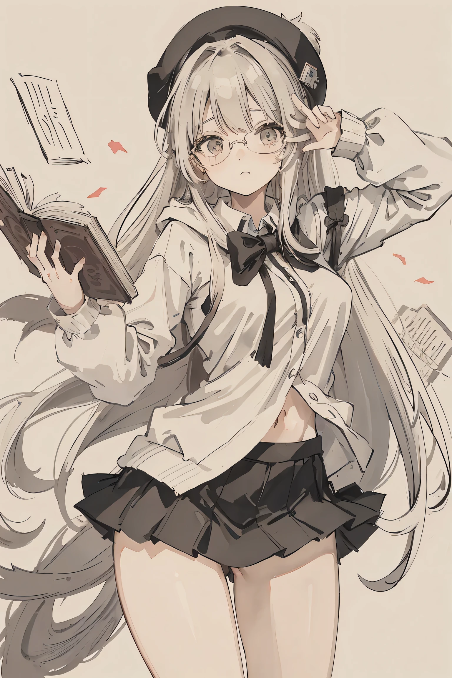 sparrow, a silver haired girl, wearing a white hoody, long hair, messy hair, black skirt, oversized hoody, slim body, shy expression, medium breasts, she close her left eye, shirt ornament, lolippai, white beret, glasses, nerd girl, she hold a book