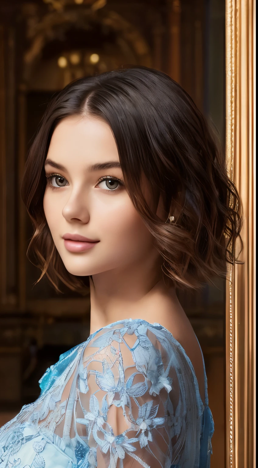 142
(a 20 yo woman,in the palace), (A hyper-realistic), (high-level image quality), ((beautiful hairstyle 46)), ((short-hair:1.46)), (kindly smile), (breasted:1.1), (lipsticks), (wearing a blue dress), (murky,wide,Luxurious room), (florals), (an oil painting、Rembrandt)