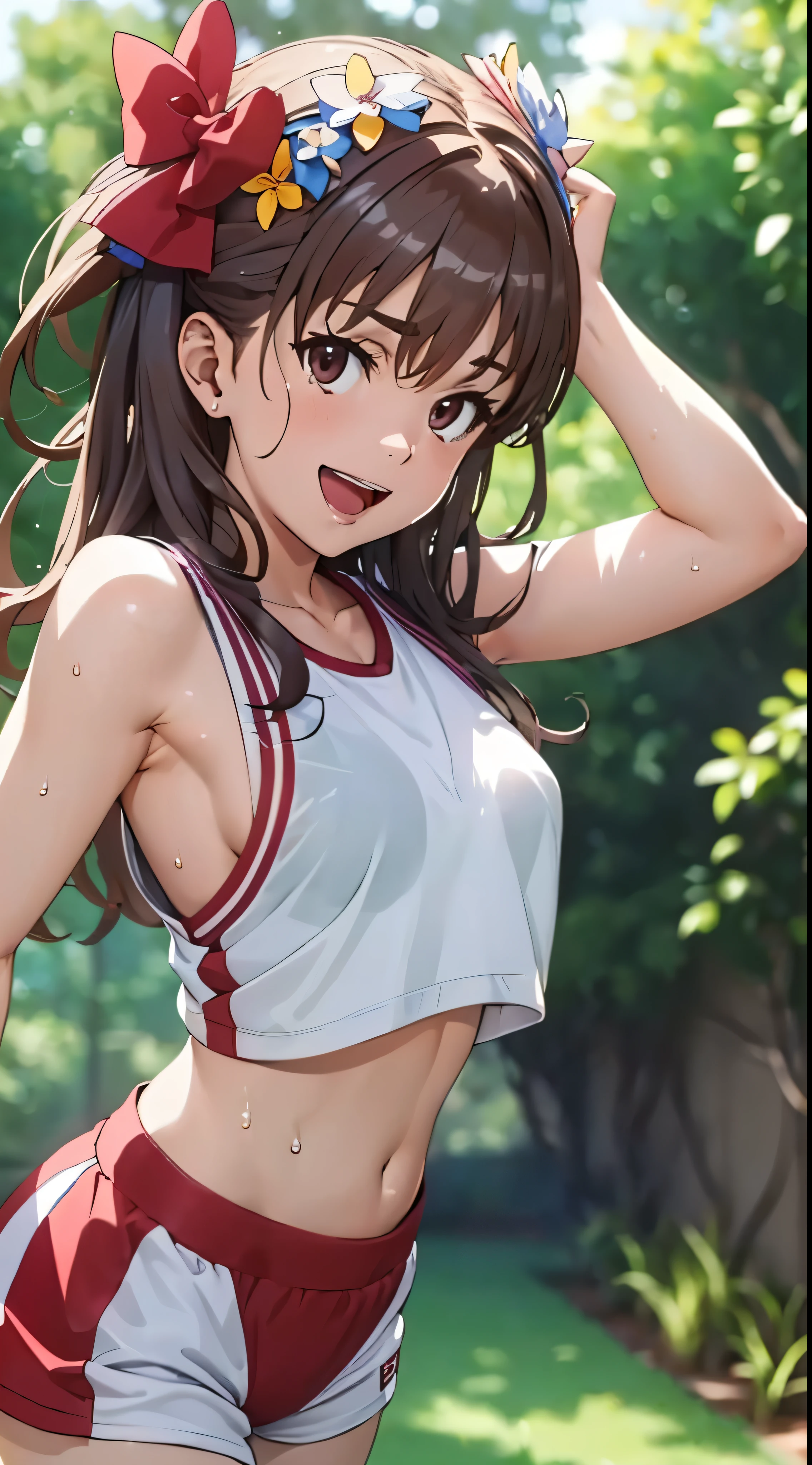 1womanl,Brown hair,14 year old beautiful breasts,(((Sexy white and red shiny gym clothes and short cheeks、Smile with open mouth)),(((Kuroko Shirai))),((( portlate))),Crowds,Shiny white gym uniform and blue shorts,Wet with sweat,((athletic field)),see -through,outside of house,(((clothes shiny)))