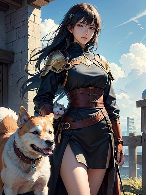 she was a girl who worked on a farm. She lives in difficult times., It's the Dark Ages. , Crazy World, Floating islands, Top quality cloud castle:1.3), (hight resolution:1), (Huge:1.3), (unbelievable:1.Perfect:1.Perfection:1.3), (Volume Cover Art:0), (Illustration:1.3),The Art of Makoto Shinkai、(A moment of peace for a female warrior)、ssmile、(Look at your dog and pet it gently:1.5)