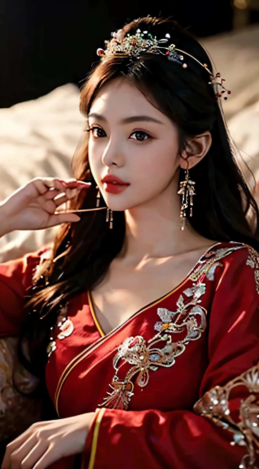 Beautiful Chinese princess, Characteristics of fantasy beauty, Its appearance,, Glowing red eyes, wearing jewellery,Glowing red crystal strands cover the flowers, Lie down in bed,covered in jewels and crystals ,,bigger, , 穿着bigger胆而威严的礼服,the ultra-detailed,bigger胆而雄伟的外观
