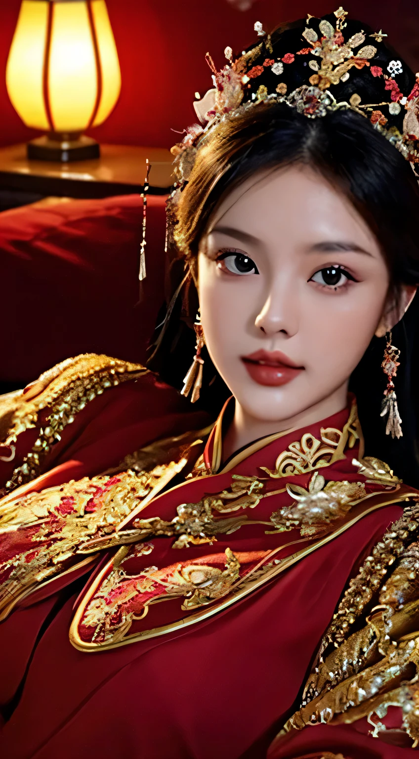 Beautiful Chinese princess, Characteristics of fantasy beauty, Its appearance,, Glowing red eyes, wearing jewellery,Glowing red crystal strands cover the flowers, Lie down in bed，covered in jewels and crystals ,,bigger, , 穿着bigger胆而威严的礼服,the ultra-detailed,bigger胆而雄伟的外观