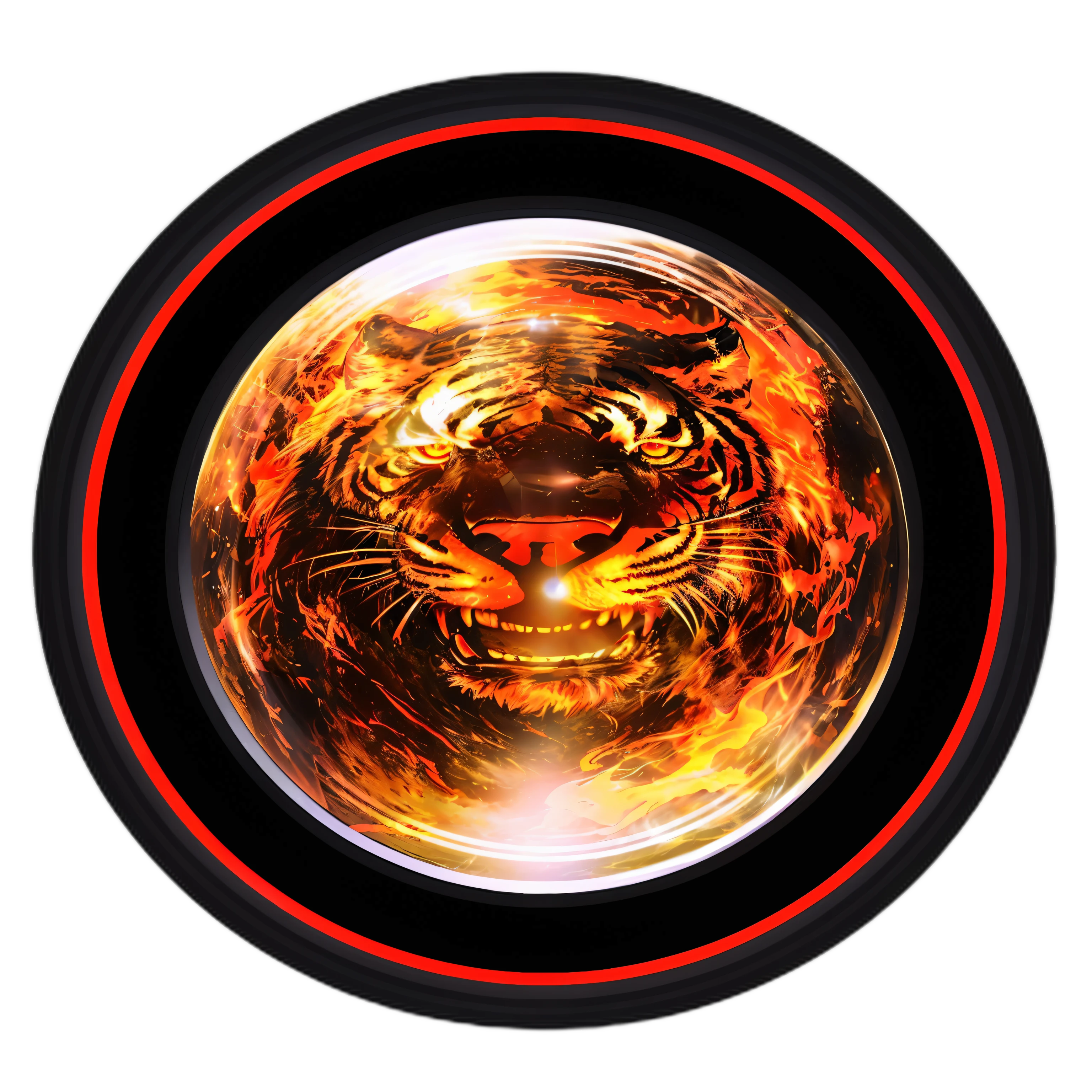 a close up of a fire tiger in a circular object, fire lion, tiger of fire flying, tiger_beast, glowing magma sphere, a large sphere of red energy, black orb of fire, fractal burning halo, red fire eyes, ring of fire, (fire), tiger, lens flair, glowing fiery red eyes, lense flares, fire eyes