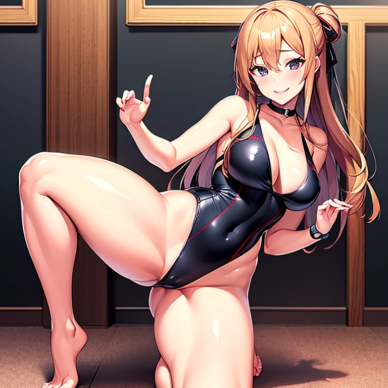 (of the highest quality, masutepiece: 1.2), 1girll, Beautiful, Cute, Beautiful, Style, Sexy, Elegant, Attractive, Sexy, Beautiful and Well-groomed face, Beautiful eyes, Beautiful hair, , Beautiful mouth, Smooth feet, Balanced body, Fashionable with a change of clothes, Mizuki Yukikaze, Hair Ribbon, Competitive swimsuit, Black theme，grabbing her own breasts，Open legs，My face turns bright red due to sexual suggestiveness