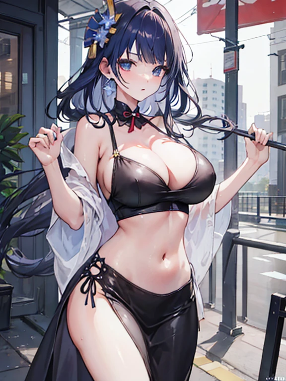 tight black cheongsam、sleeveless、Deep slit、huge tit、The chest is free、Long dresses、Navel out、high-heels、sexy pose、standing up
