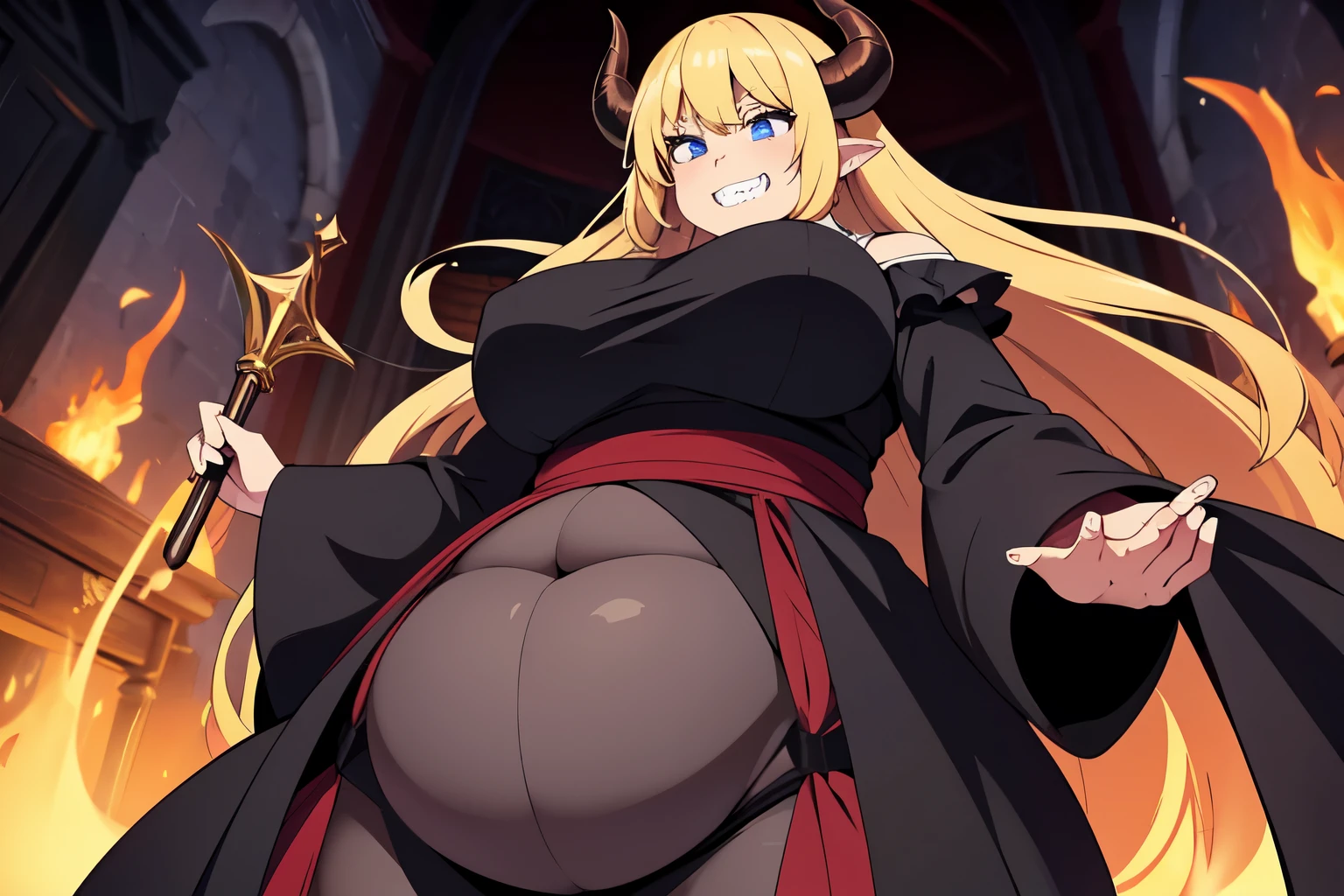extremly obese and thicc demoness , silk waist-long blond hair , big round firm belly, demon robes, black horns, intimidating grin, hd, high quiality,obese, creppy castle, cute ribbon, pure evil, sharp teeth