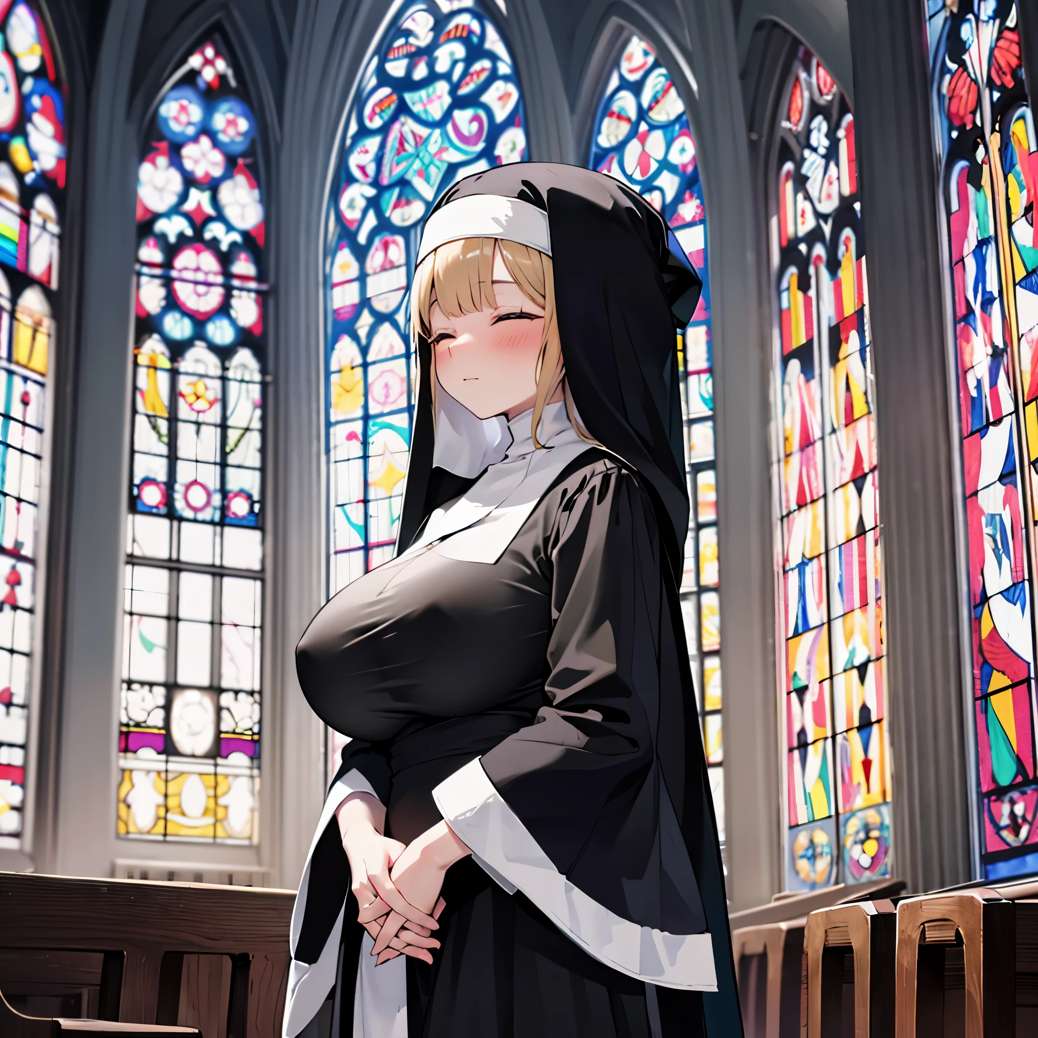 solo 1 praying num standing in church, praying with holding hands together, (long black sheer nun's robe), huge breasts, closing eyes, nose blush, stained glass